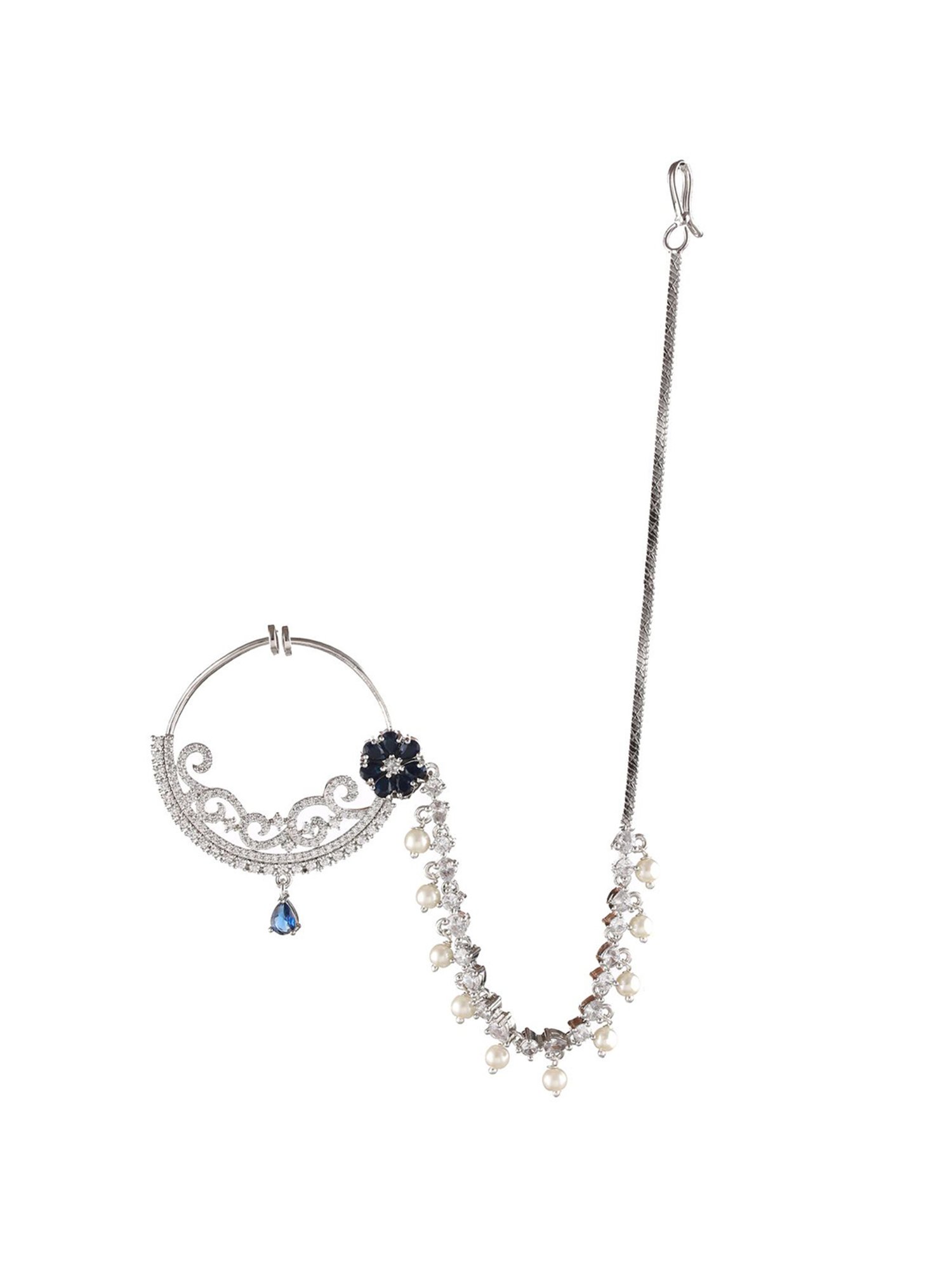 Aatmana Floral American Diamond Handcrafted Blue Nose Ring with Pearl Drop Chain for Women