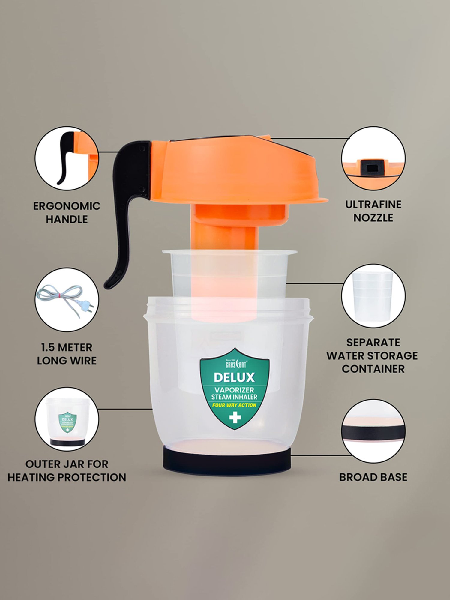 Crescent Delux Facial Steamer Vaporizer for Cold & Cough, Separate Water Storage Container (Orange)