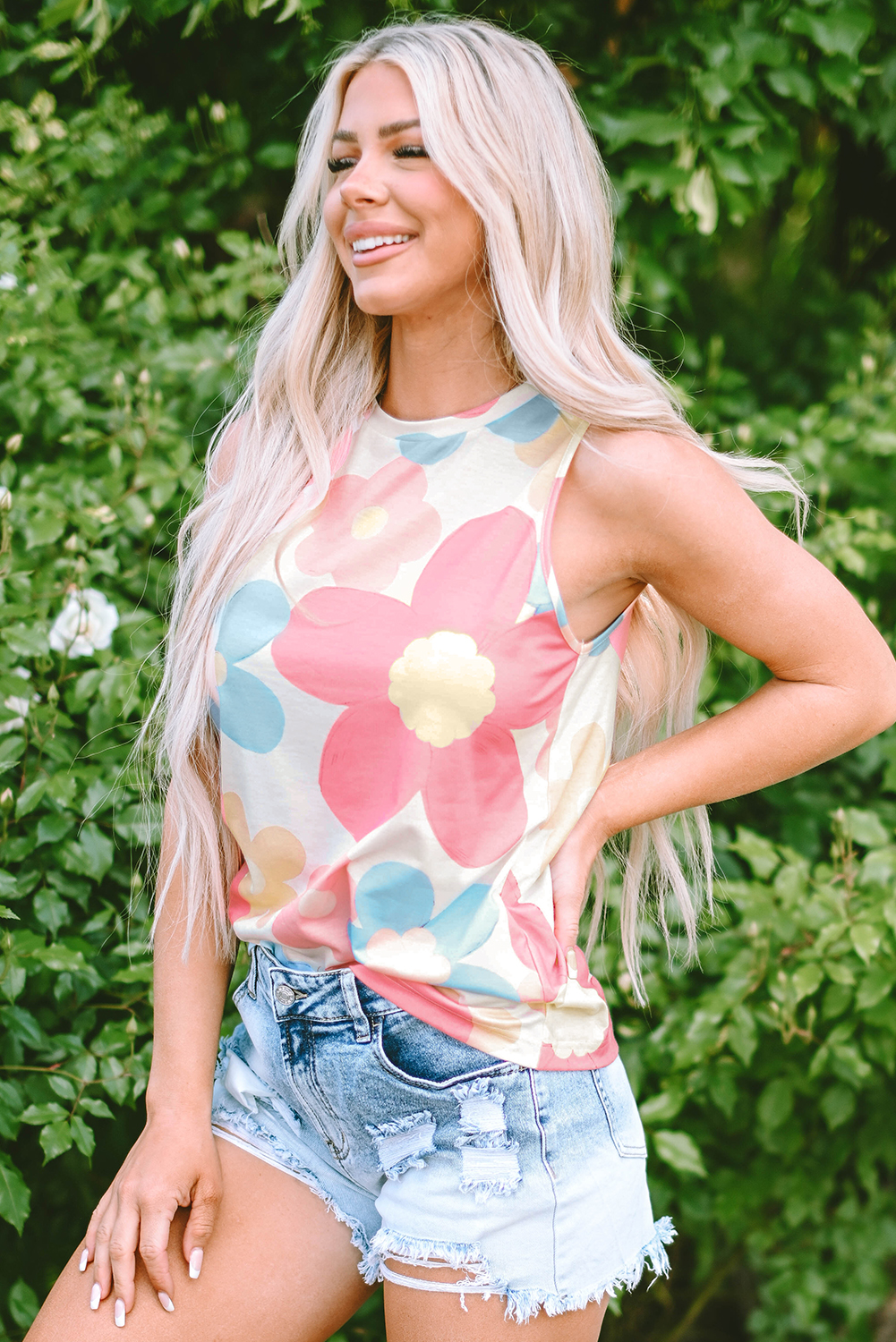 Pink Casual Solid Color Crew Neck Tank Top