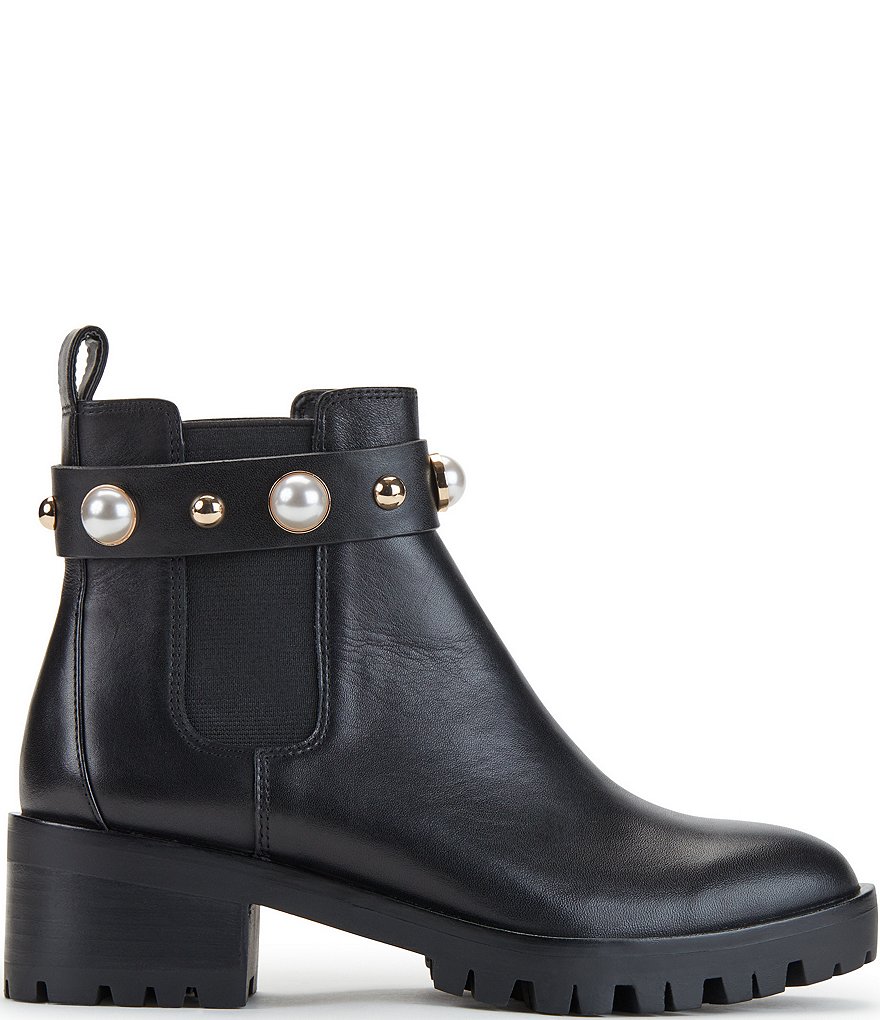 KARL LAGERFELD PARIS Pola Leather Pearl Stud Ankle Strap Lug Sole Chelsea Booties