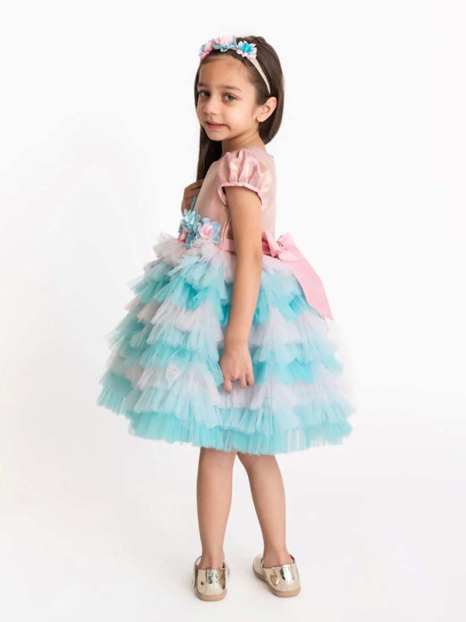 A Little Fable Beige & Blue Applique Dress