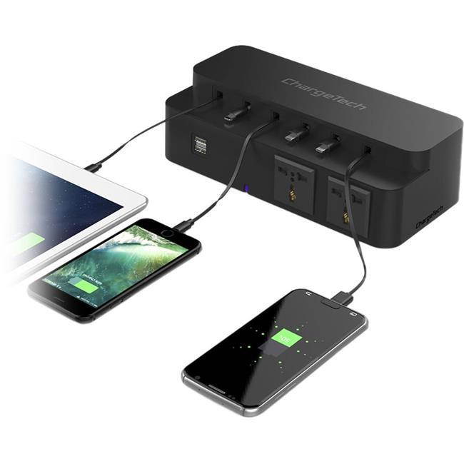 ChargeTech Power Strip Charging Station for Desktop, (6) Retractable Cables, (2) USB Ports, (2) AC Outlets (CS8)