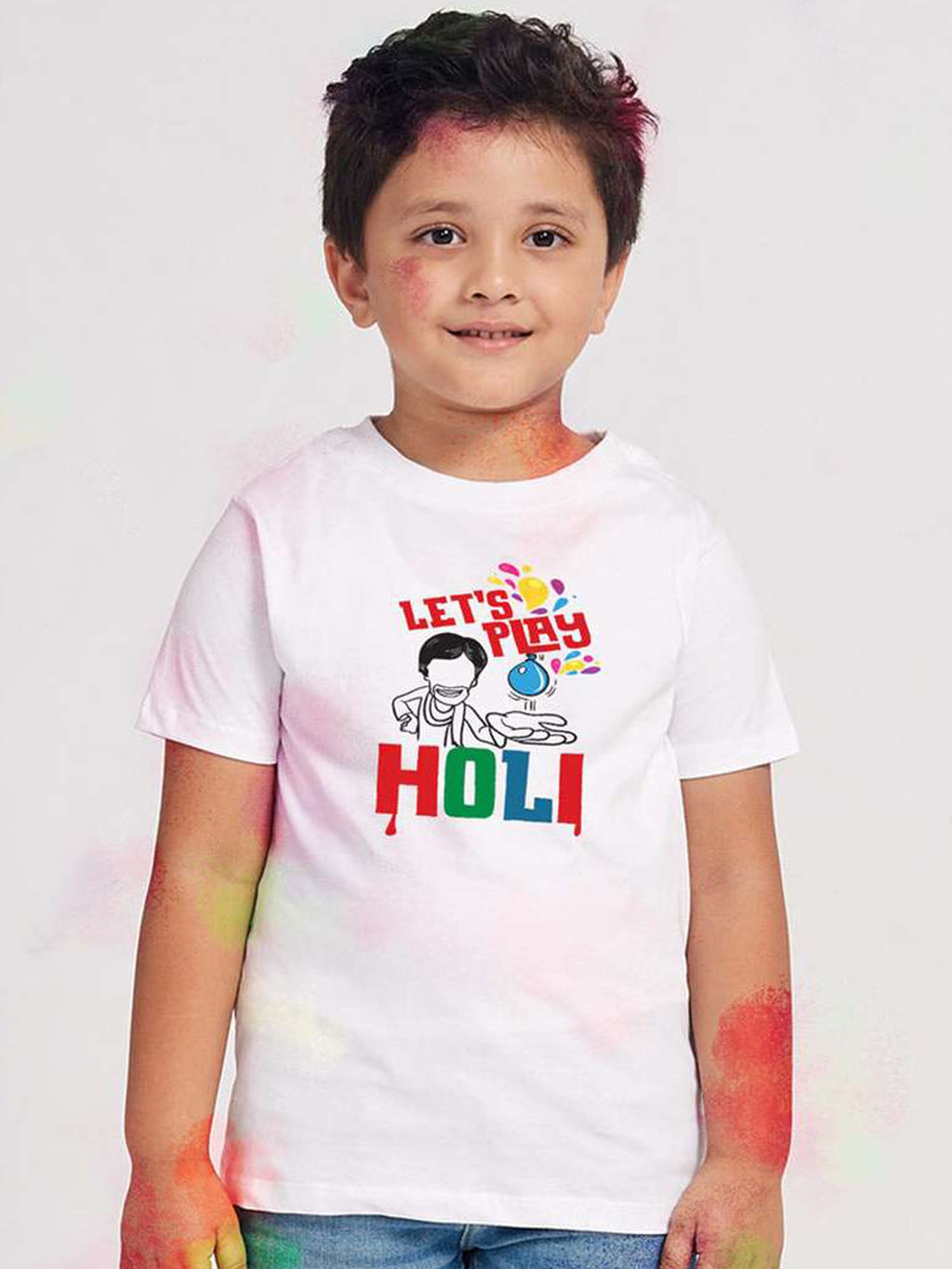 BonBoys White Cotton Lets Play Holi Printed T-Shirt