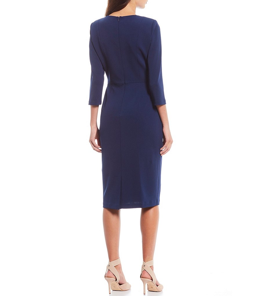 Adrianna Papell Stretch Crepe Knit Tie Waist 3/4 Sleeve Midi Sheath Dress