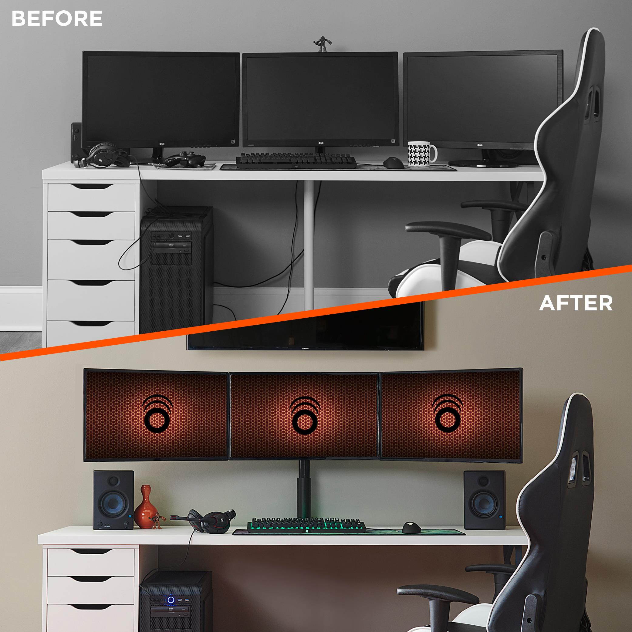 ECHOGEAR Triple Monitor Height-Adjust Multi-Screen Monitor Desk Mount for Array-Style Gaming - ECHO-GM3C