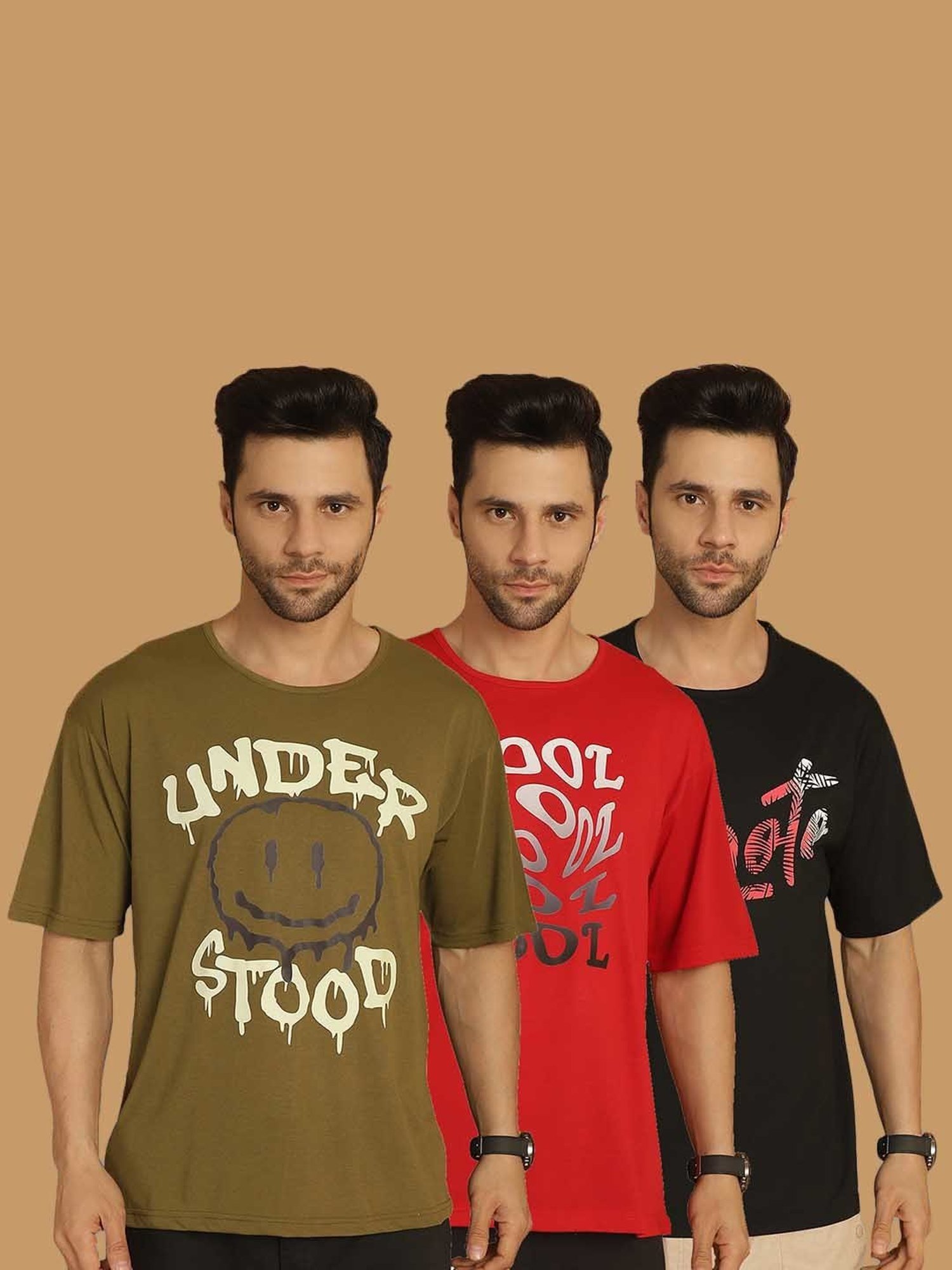 Vimal Jonney Multicolor Regular Fit Printed Crew T-Shirt - Pack of 3