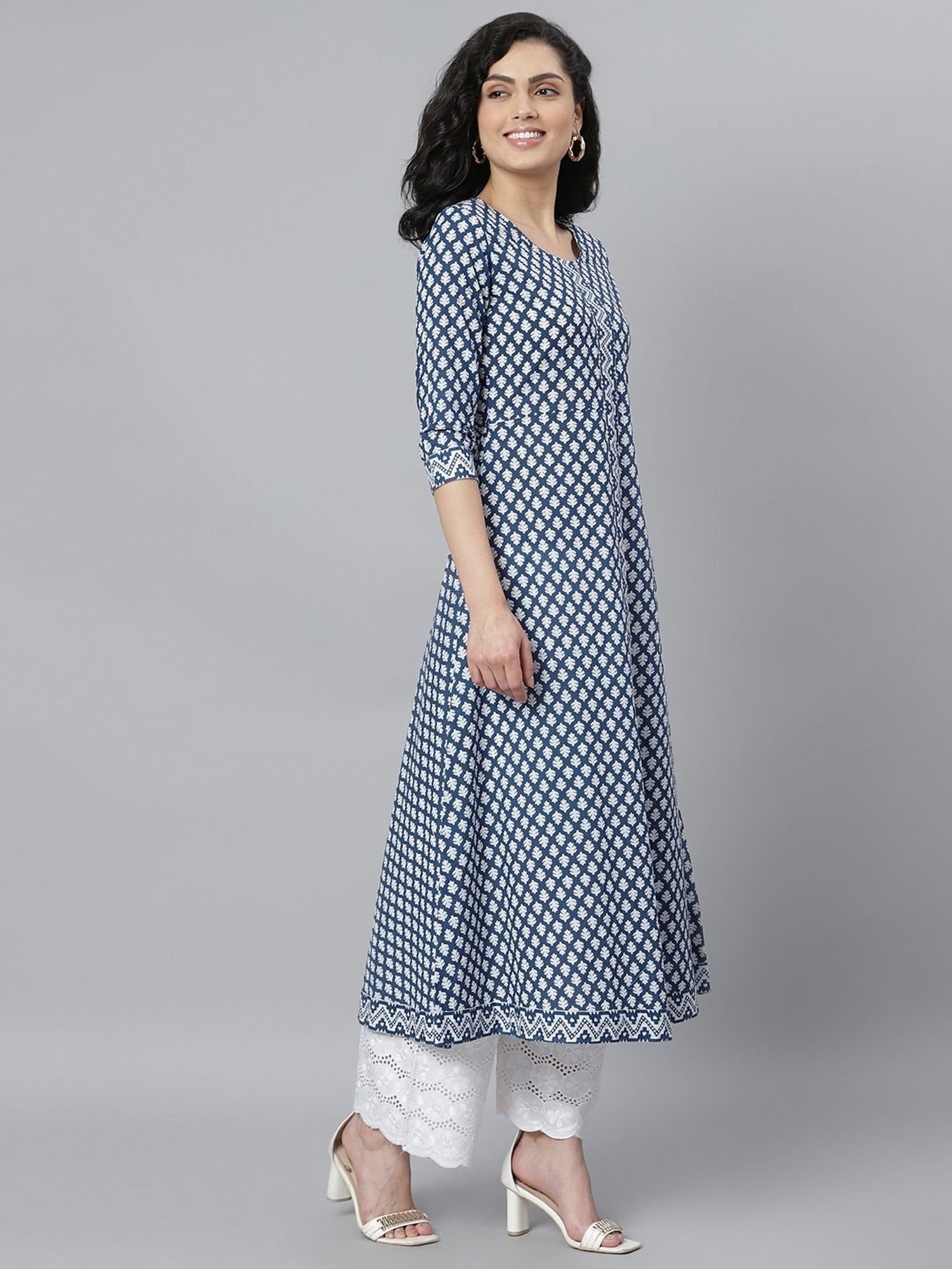 Stylum Blue Cotton Floral Print A Line Kurta With Dupatta