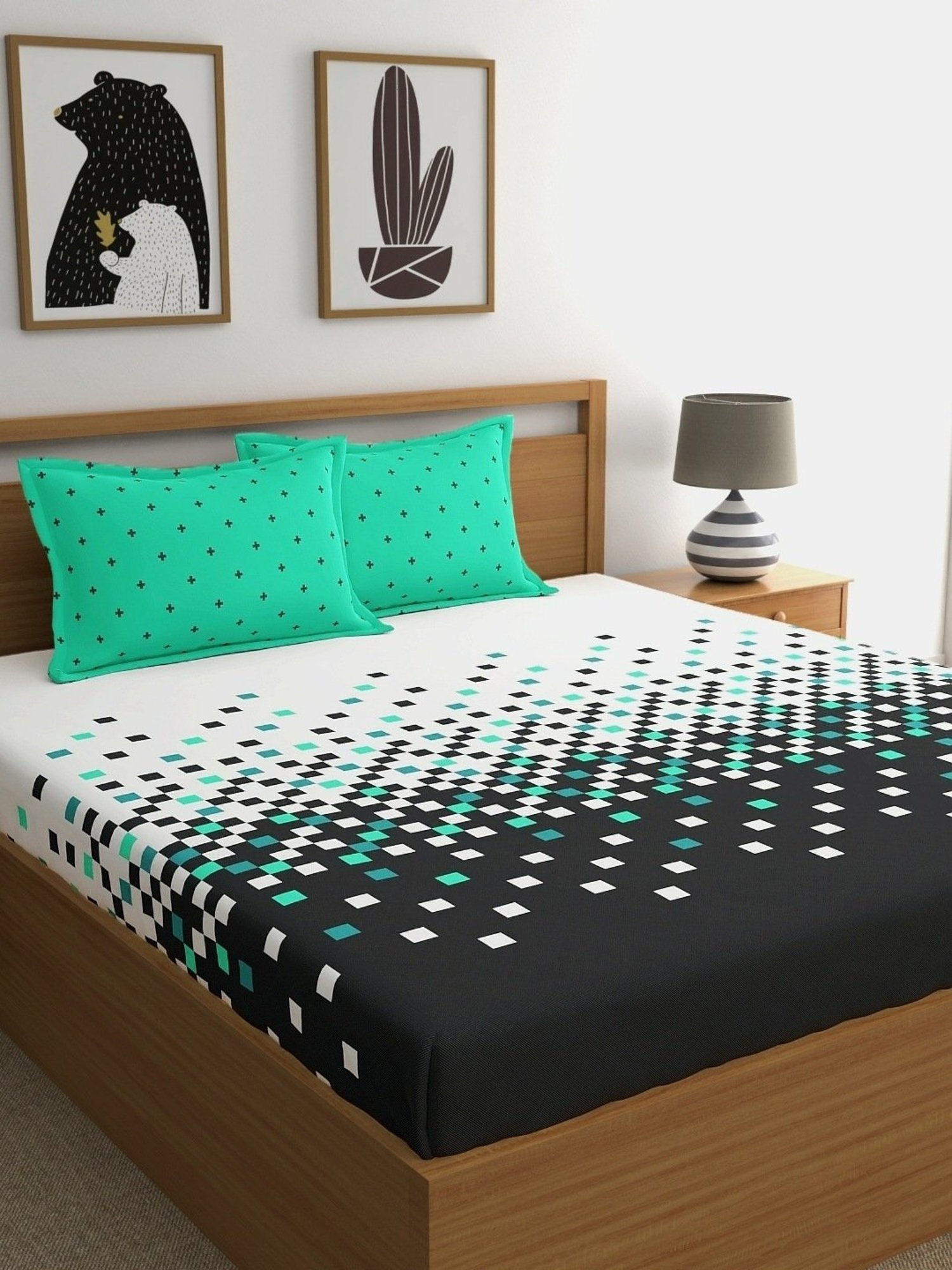 My Room Geometric Multicolor 140 TC Cotton Fitted King Bed Sheet with 2 Pillow Covers