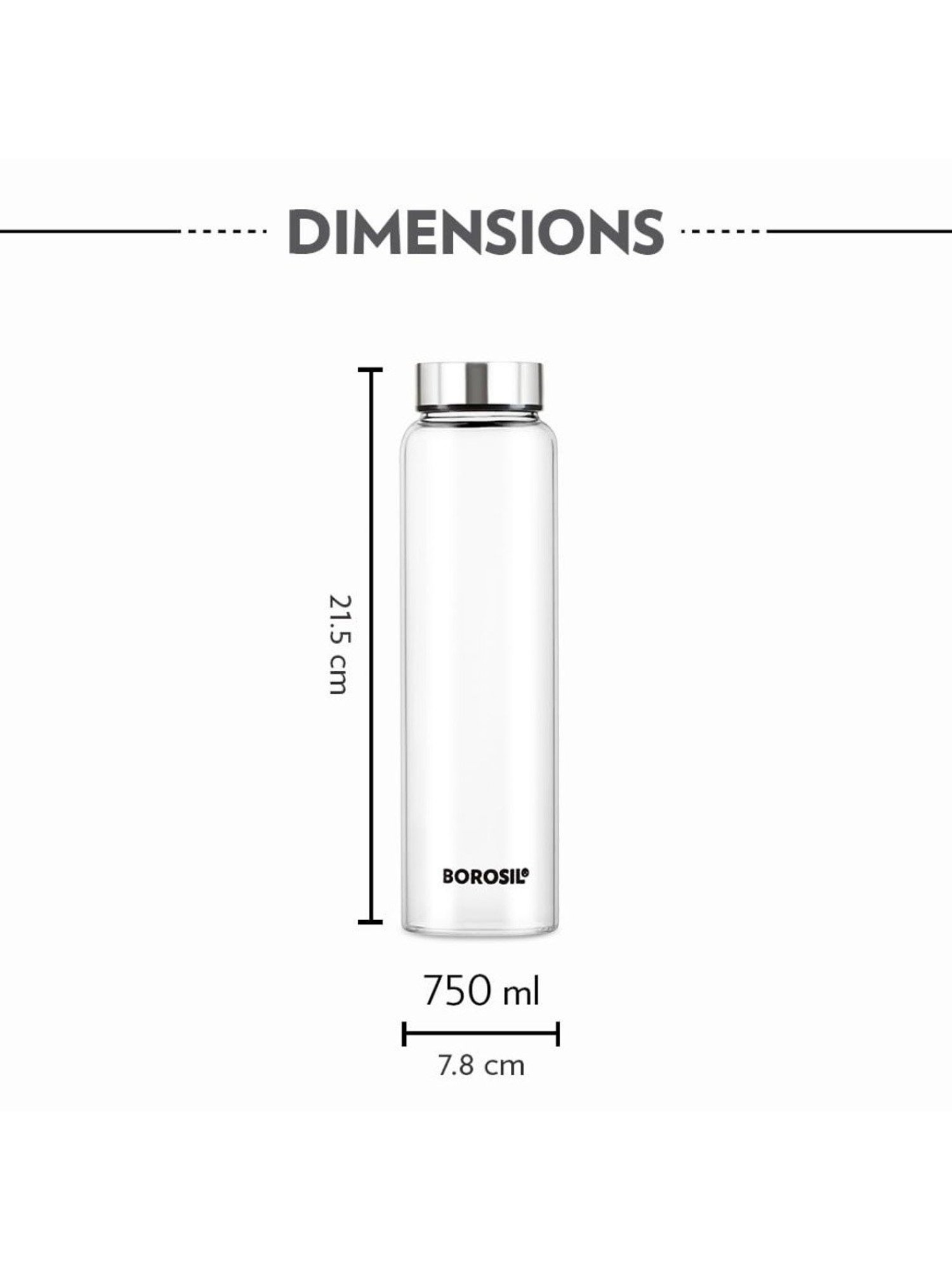 Borosil Water Bottle with Leakproof & Easy to Carry Set of 2 (Transparent, 750 ml)