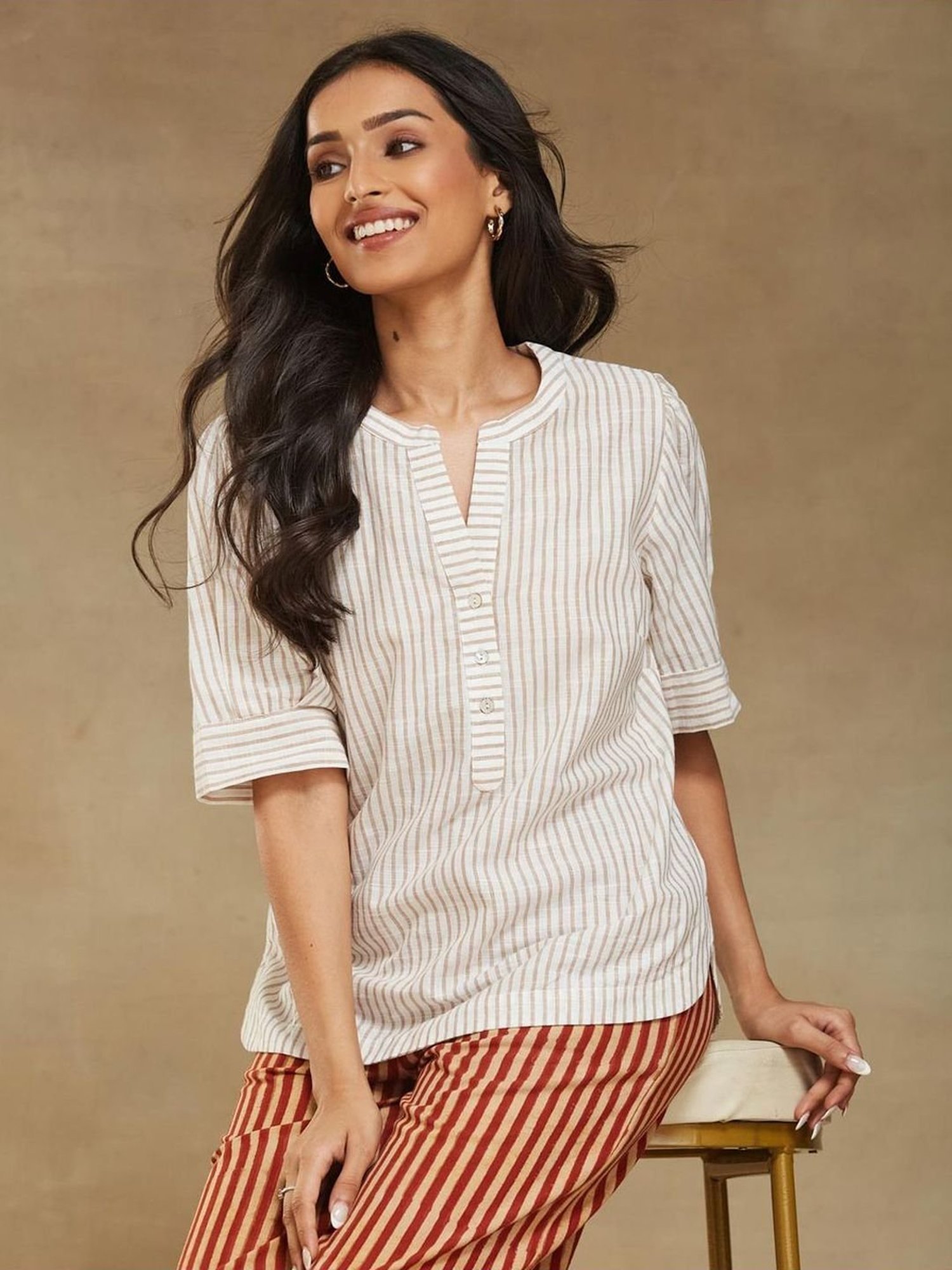 Fabindia White Cotton Striped Top