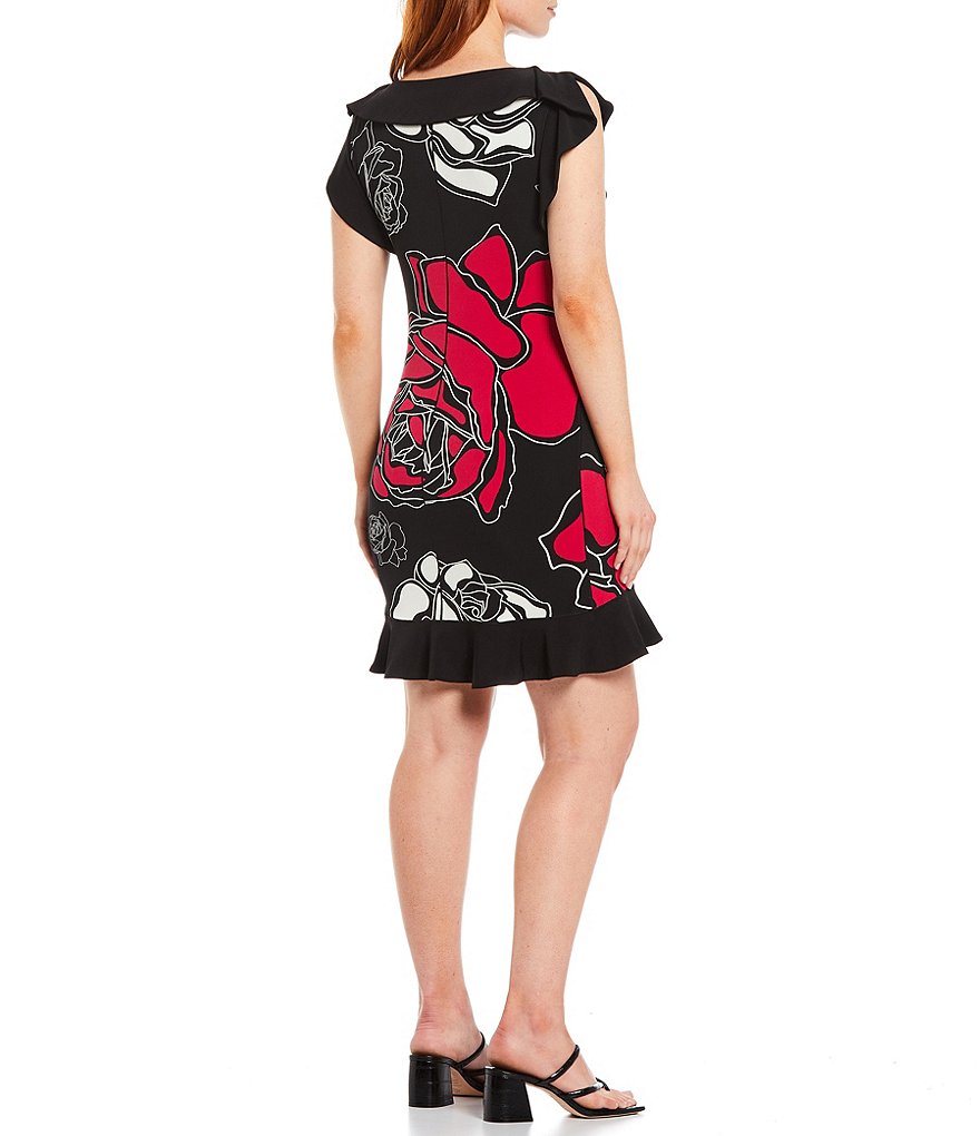 Eva Varro Sketched Rose Print Knit Flutter Cap Sleeve Flounce Hem Dress