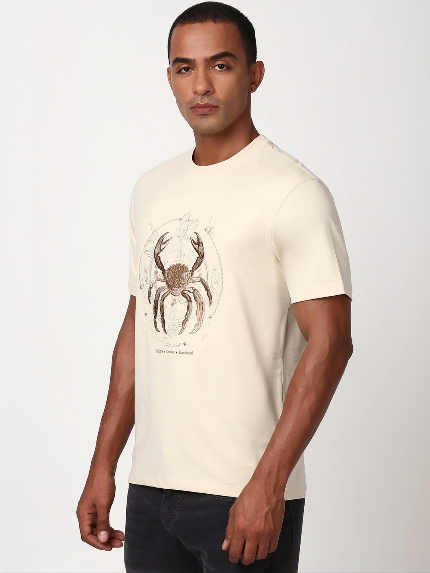 Peter England Beige Cotton Regular Fit Embroidered T-Shirt