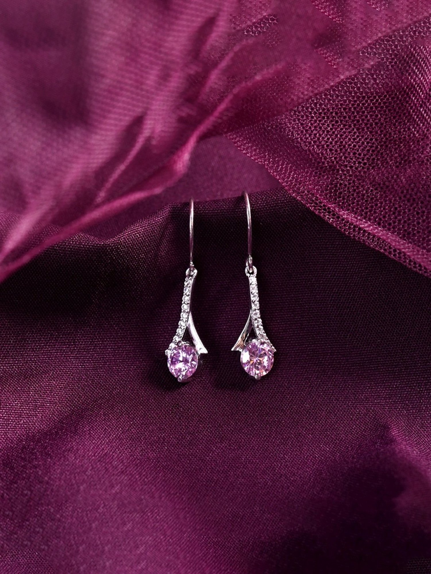 Clara 925 Silver Rhodium-Plated Swiss Zirconia Pink Solitaire Dangler Earrings