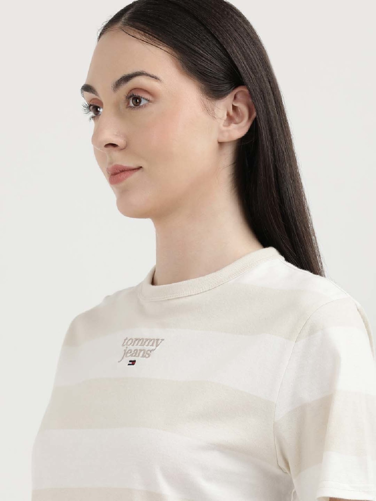 TOMMY HILFIGER Beige & White Cotton Color-Block T-Shirt