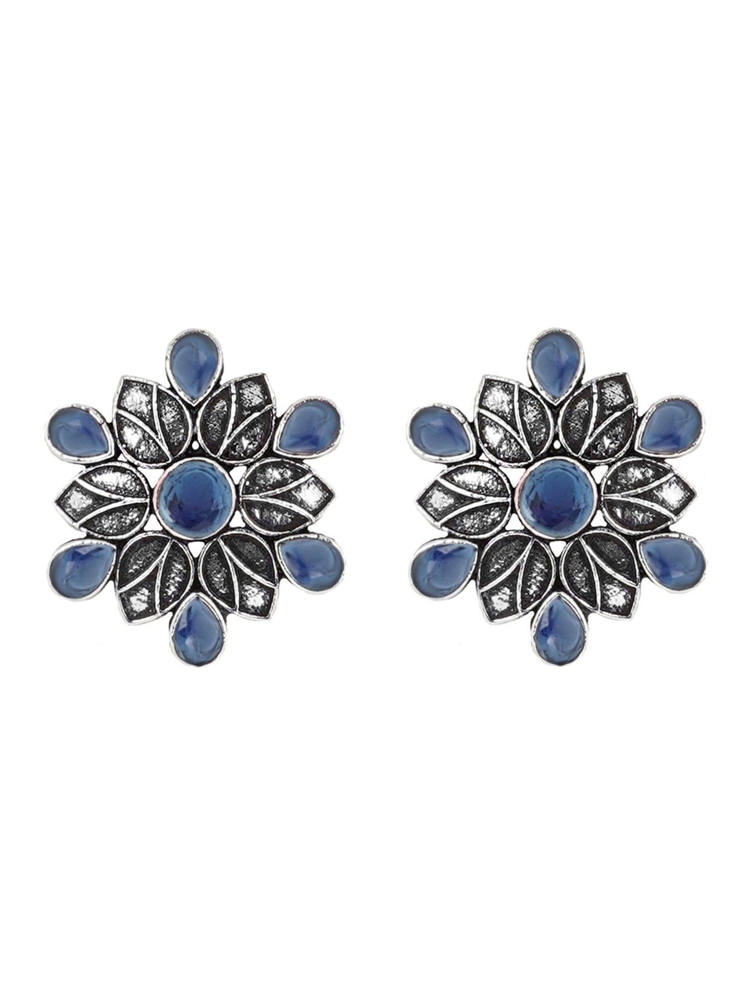 Teejh Ethnic Aashini Blue Stone Silver Oxidized Stud Earrings