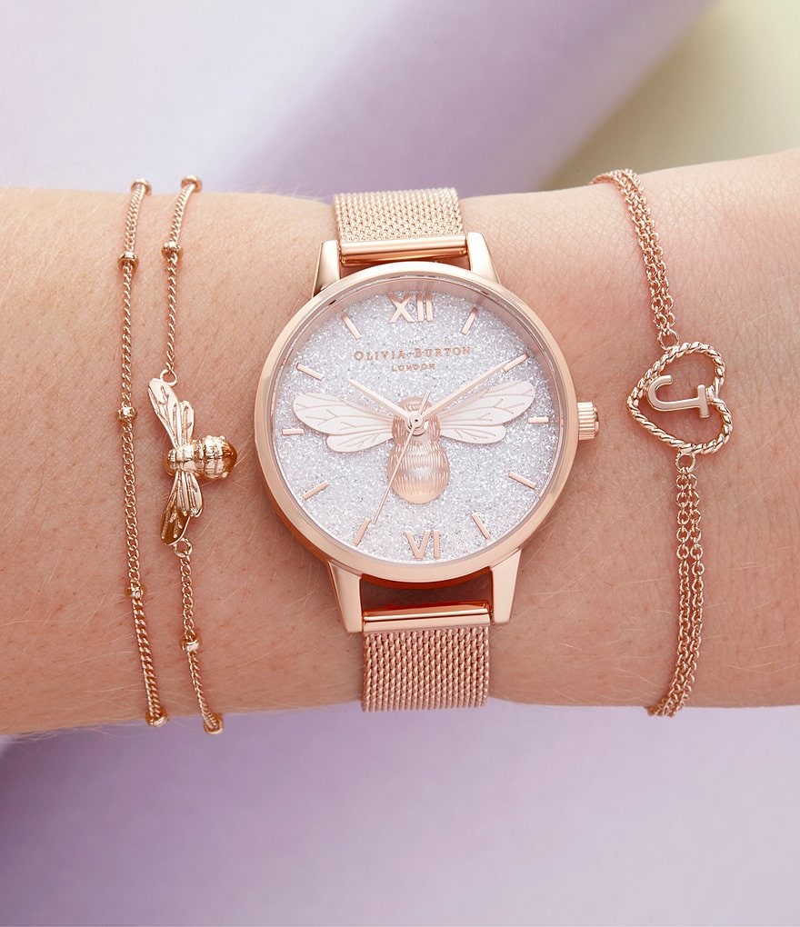 Olivia Burton Glitter Dial Lucky Bee Rose Gold Mesh Watch