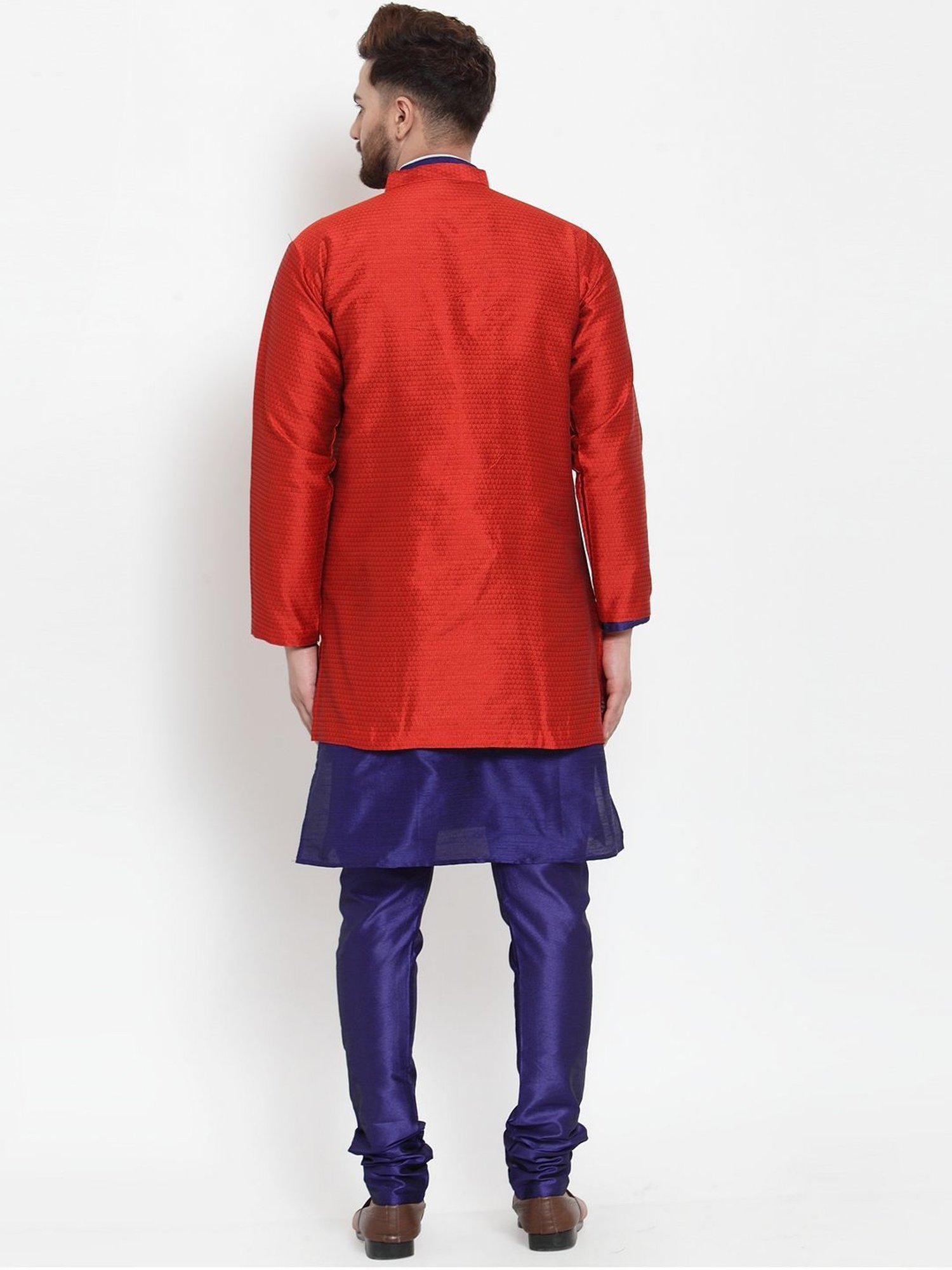 Benstoke Royal Blue & Red Regular Fit Self Pattern Kurta Set With Jacket