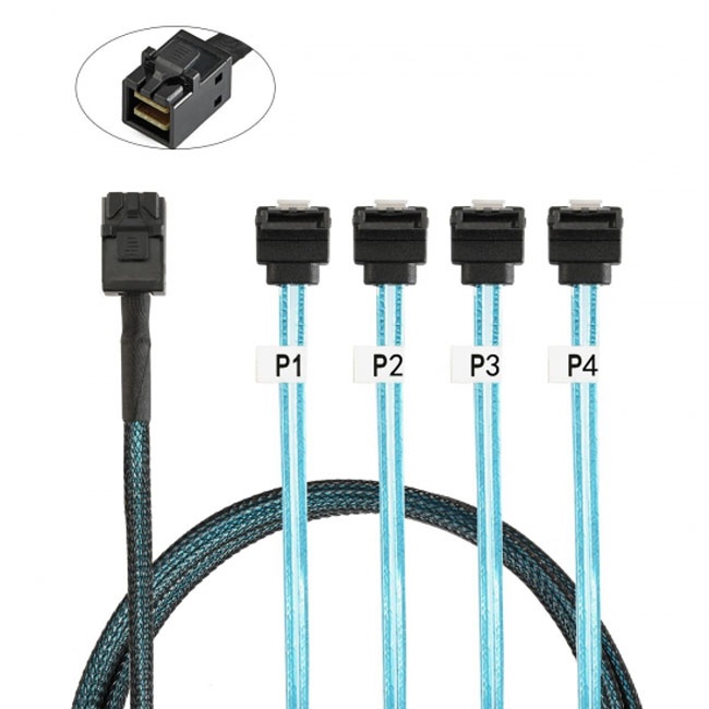Jimier Internal Mini SAS SFF-8643 Host to Angled 4 SATA Target Hard Disk 6Gbps Data Server Raid Cable 1m SF-064-1.0M