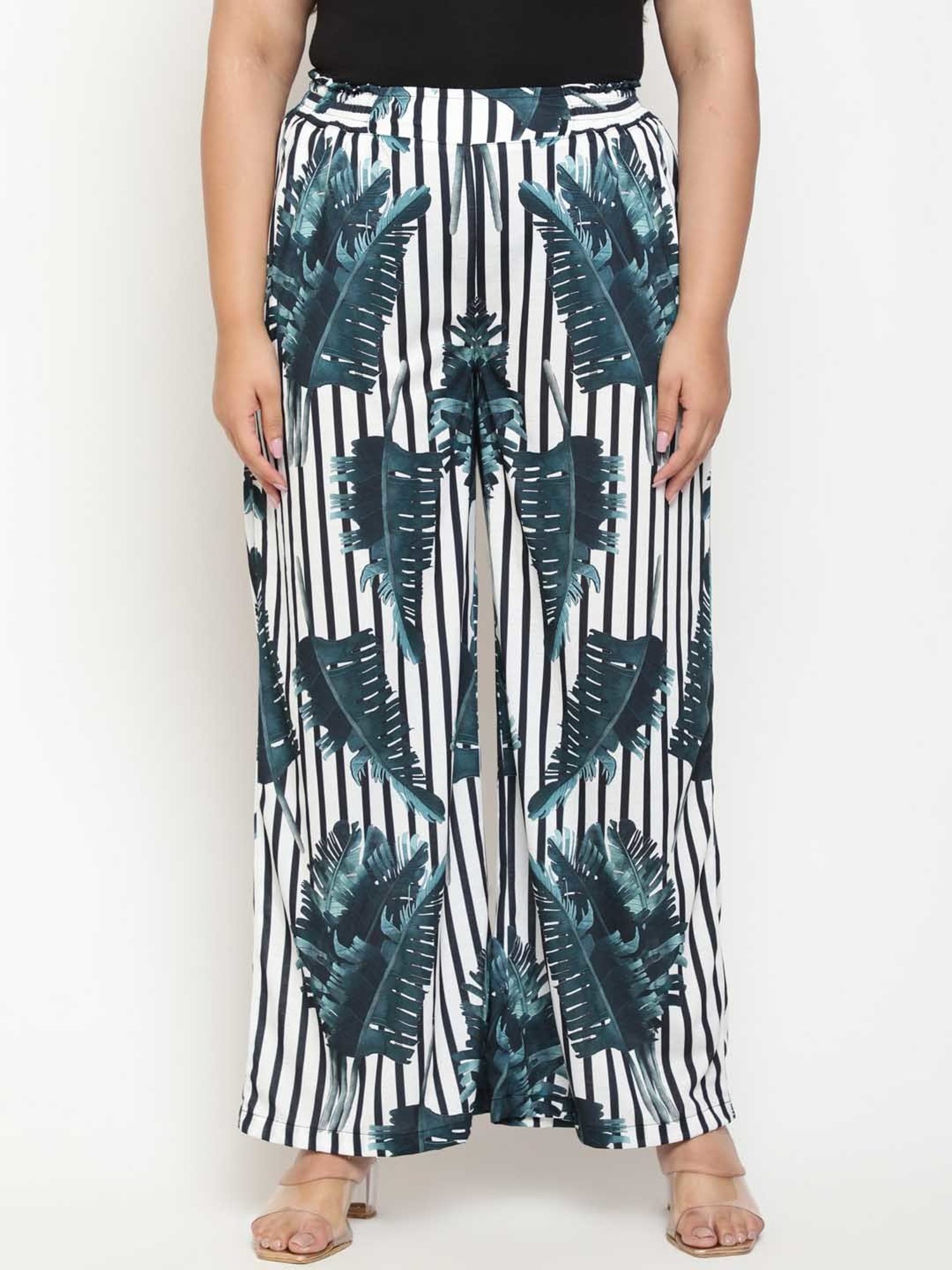 Amydus White & Green Printed Flared Fit High Rise Pants