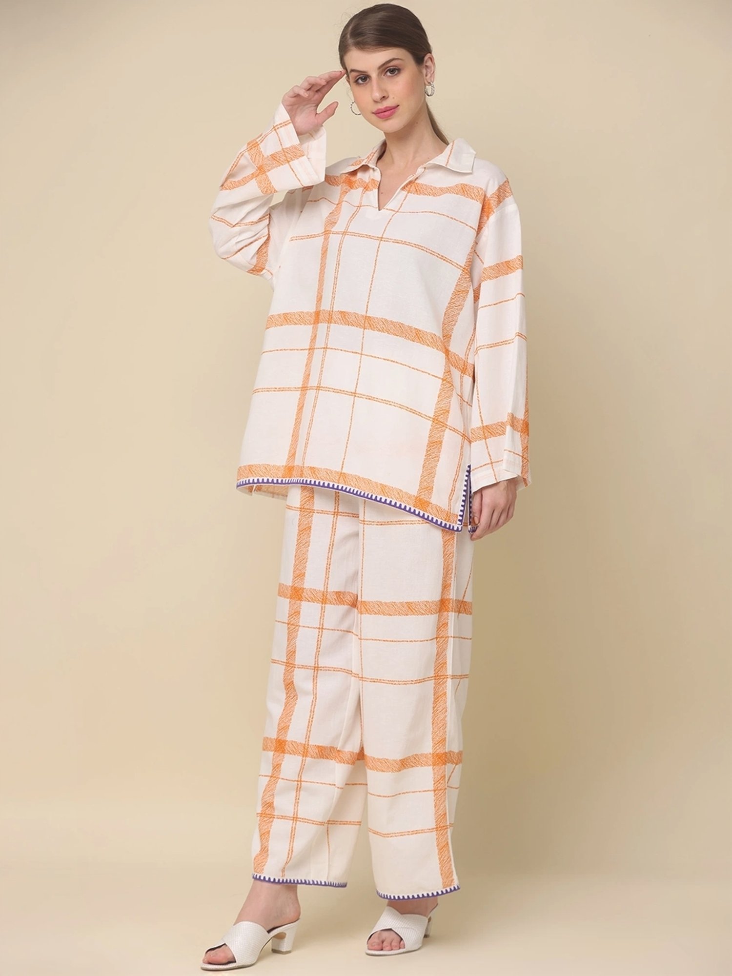 Zolo Label White Cotton Chequered Top Palazzo Set