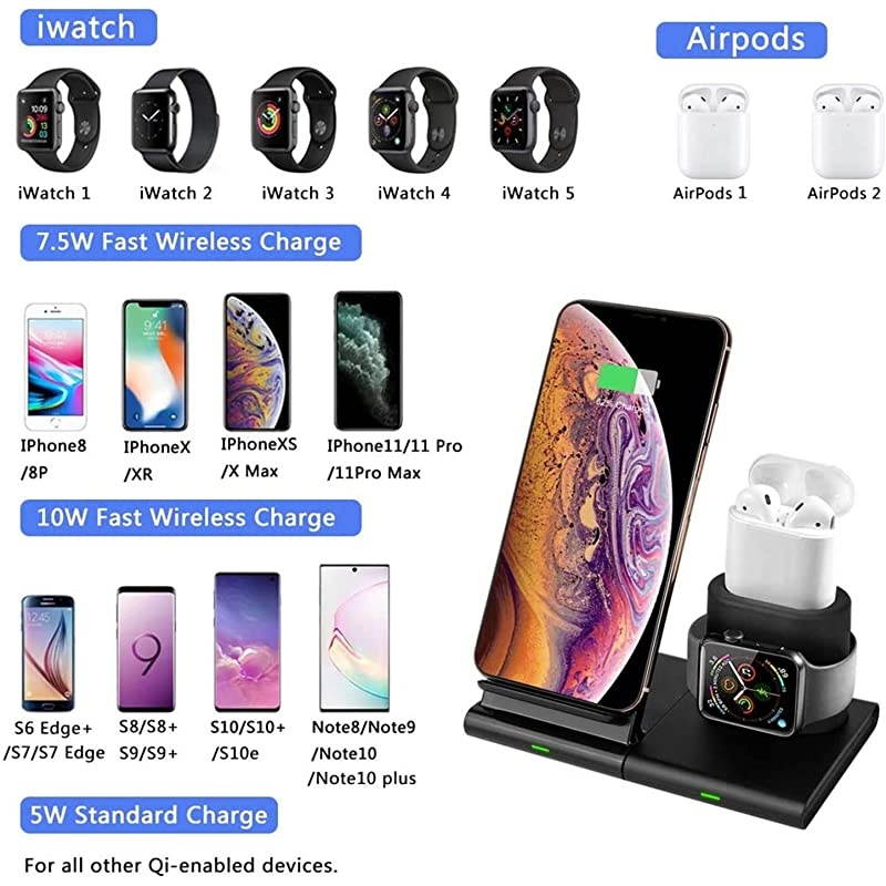 Wireless Charger, 3 in 1 Wireless Charging Station Dock for iPhone 12 Pro Max/12 Mini/11/XR/XS/X/8/8 Plus, Charging Stand for AppIe Watch Series 6/SE/5/4/3/2, AirPods Pro/2 (with QC Adapter)