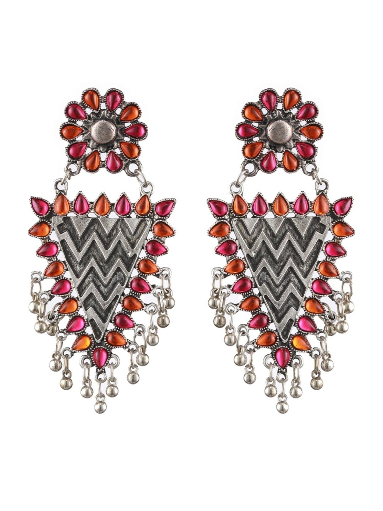 Aatmana Silver-Plated Pink & Yellow Stone Studded & Gunroom Drop Earrings for Women