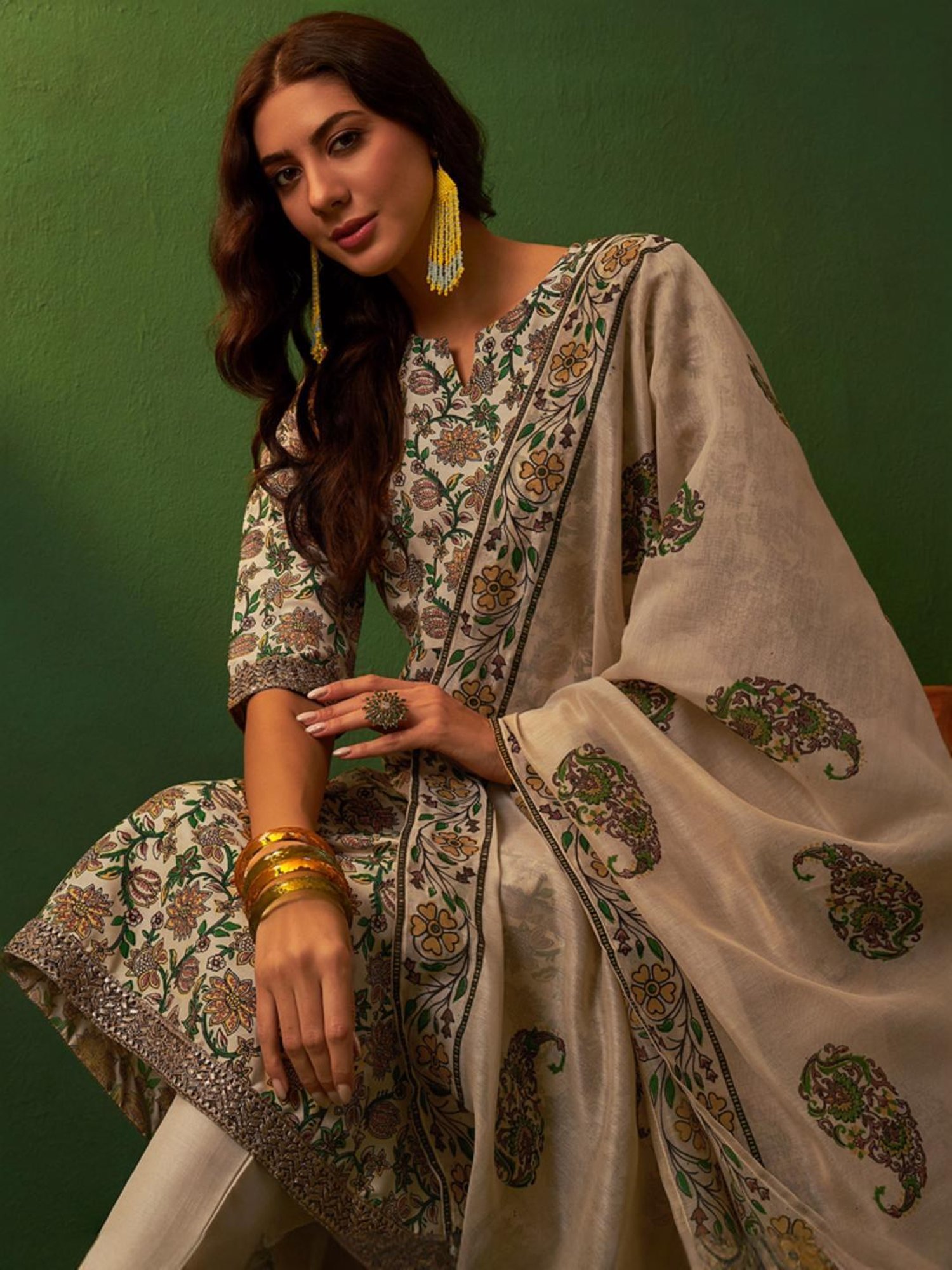 Ziyaa Beige Printed Kurta Pant Set With Dupatta