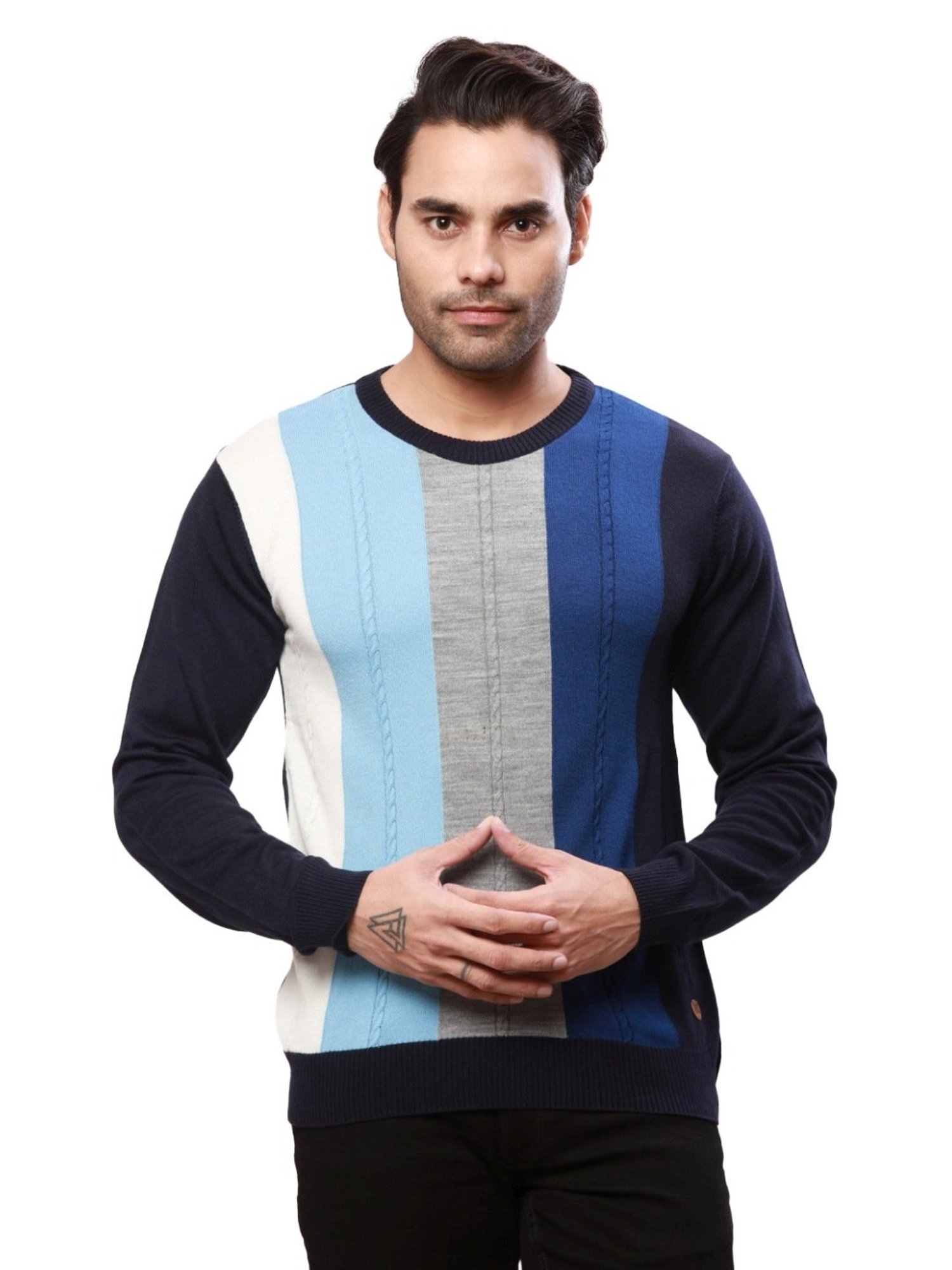Raymond Blue Regular Fit Striped Sweater