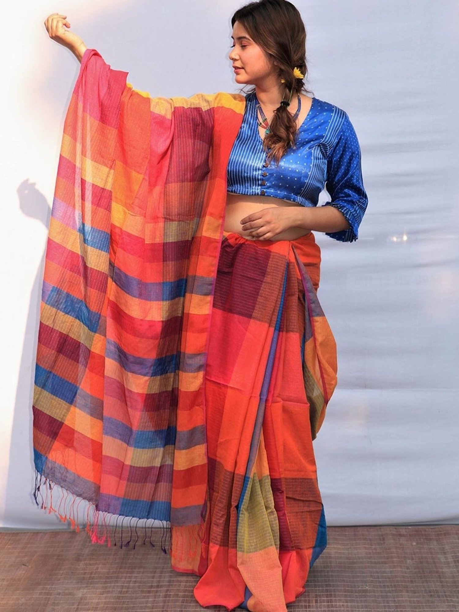 Chidiyaa Blue Satrangi Rainbow Razzle Hand-dyed Handwoven Cotton Saree