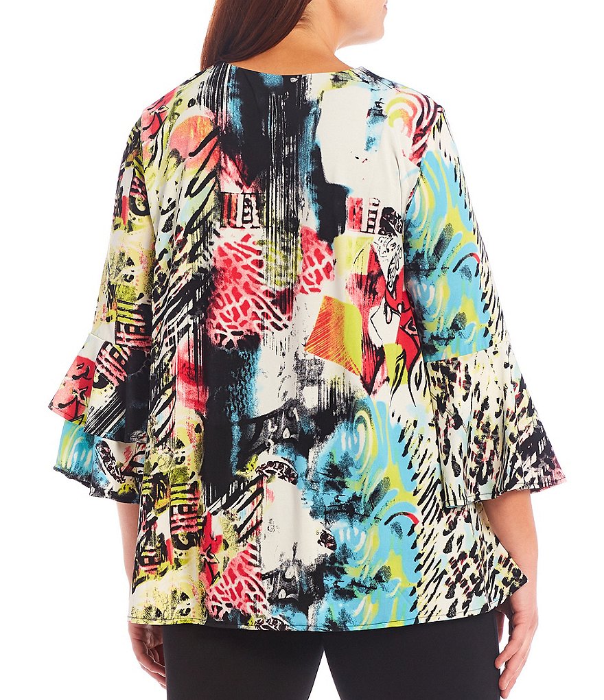 Calessa Plus Size Abstract Print V-Neck Bell Cuff 3/4 Sleeve Knit Mesh Overlay Tunic