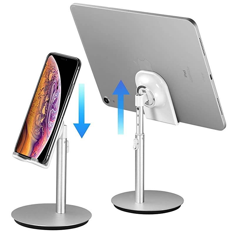 Cell Phone Stand Tablet Holder  Height Adjustable Aluminum Mount Dock Compatible with iPhone Samsung Cell Phone Tablet iPad Nintendo Switch Kindle Up to 10 Inch Screen Sliver