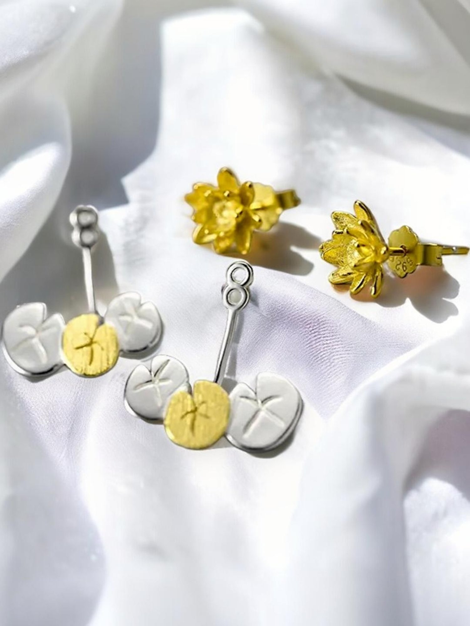 Rihi by P.C. Chandra Jewellers 92.5 Sterling Silver Lotus Back Ear Jacket Earrings for Women & Girls