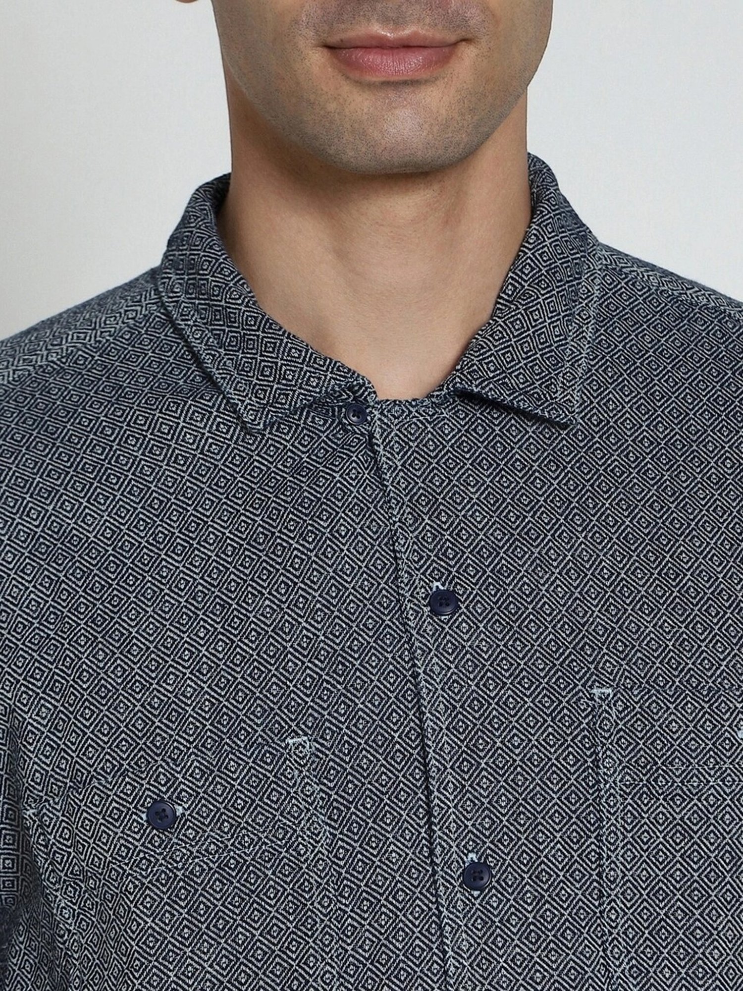 American Eagle Navy Cotton Regular Fit Printed Shirt