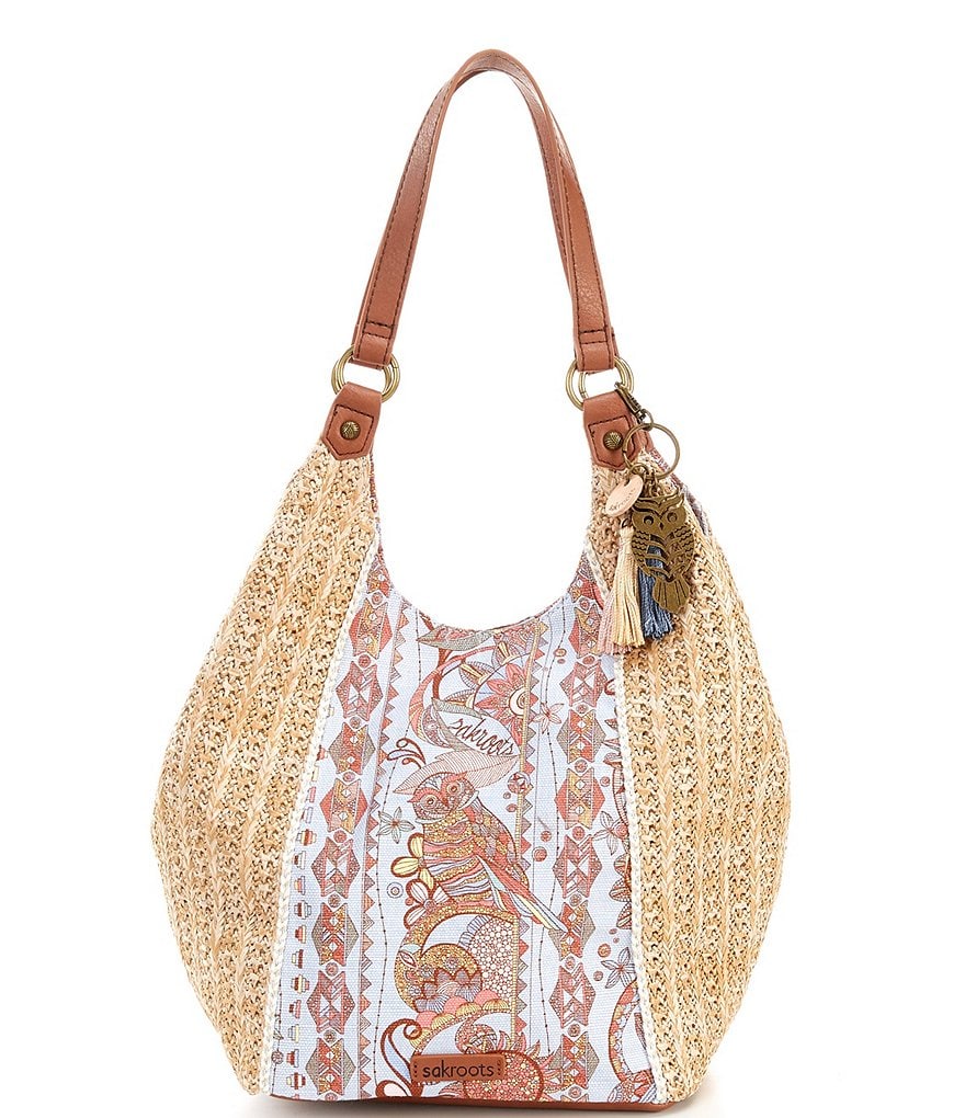 Sakroots Roma Straw Canvas Snap Floral Hobo Tassel Bag