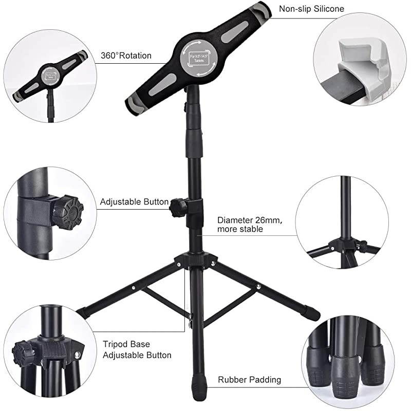 Tripod Stand Height Adjustable 20 to 60 Inch Floor Stand with 360&deg; Rotating Tablet Tripod Mount for Video Recording Pro Air and More 95 to145 Inch Tablets Carrying Case