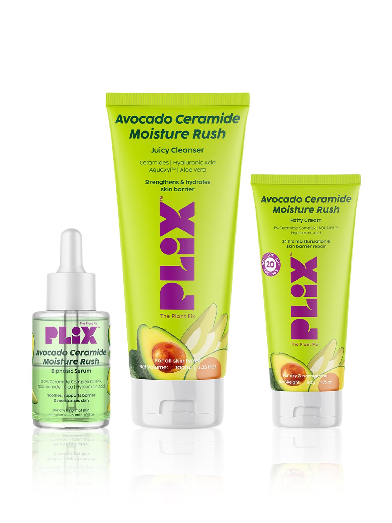 PLIX THE PLANT FIX Avocado Ceramide Moisture Rush Biphasic Serum, Juicy Cleanser & Fatty Cream Trio