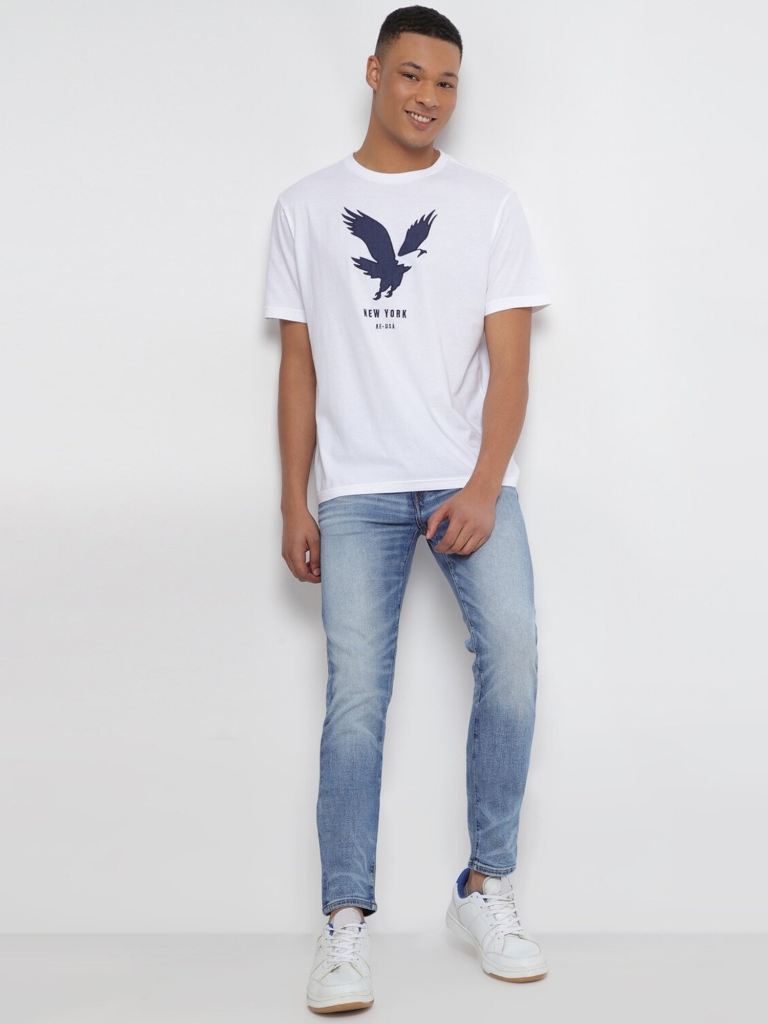 American Eagle White Cotton Regular Fit Printed T-Shirt