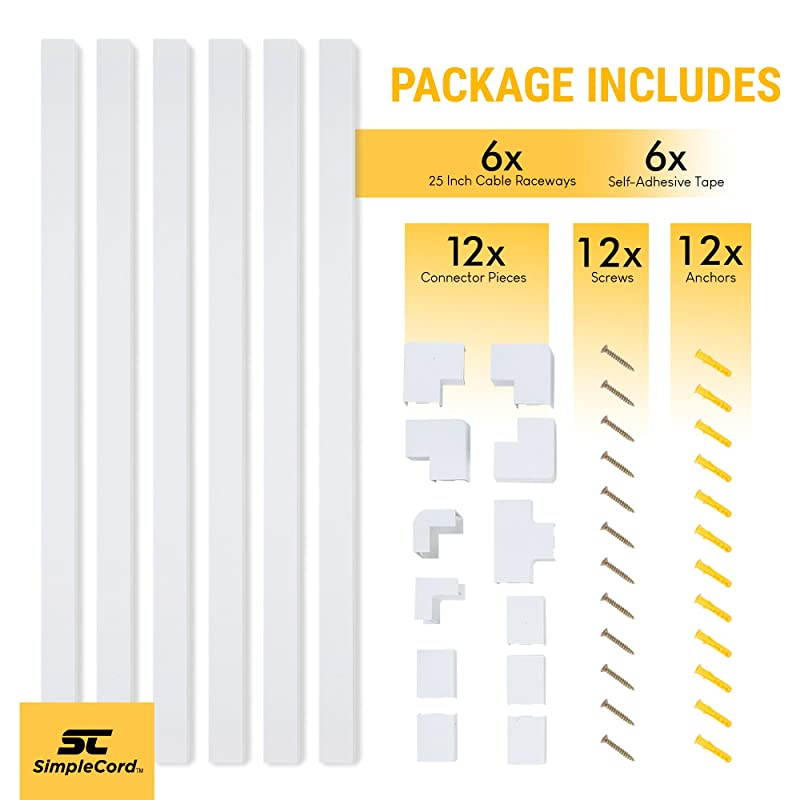 Cord Cable Concealer OnWall Cord Cover Raceway Kit Cable Management System to Hide Cables Cords or Wires Cord Organizer for Wall Mounted TVs and Computers at Home or in The Office