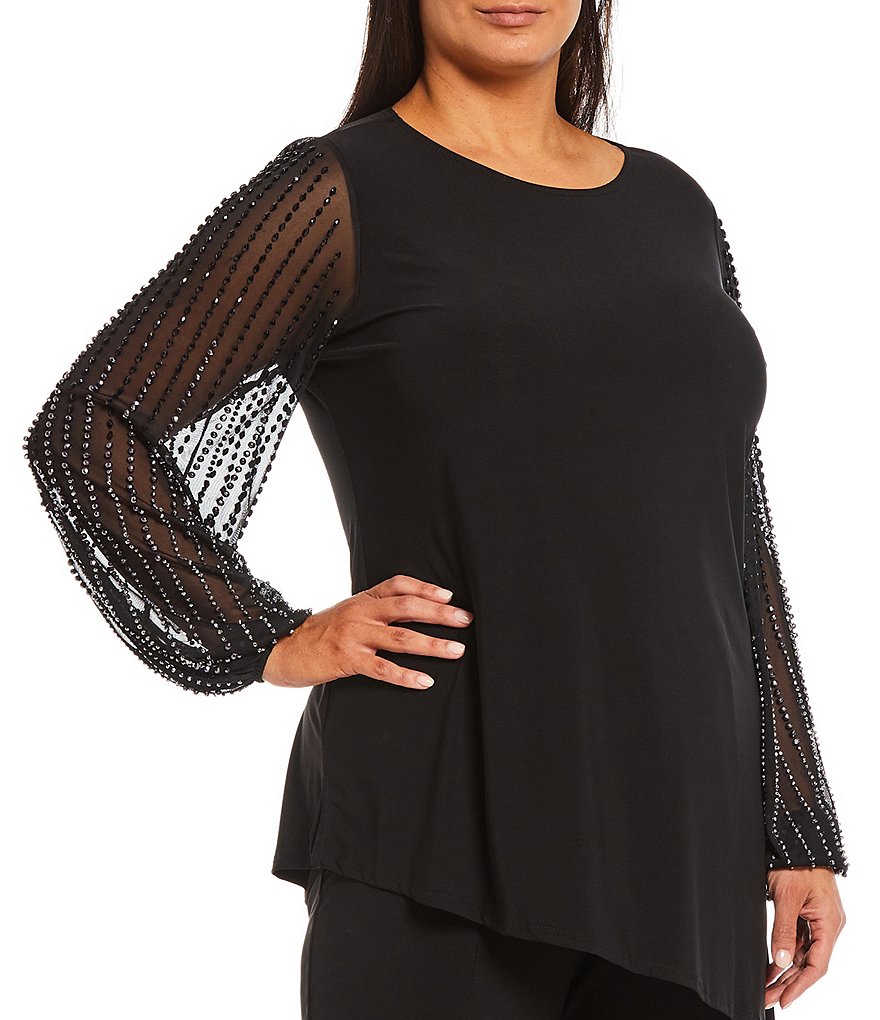 Marina Plus Size Beaded Long Sleeve Jewel Neck 2-Piece Pant Set