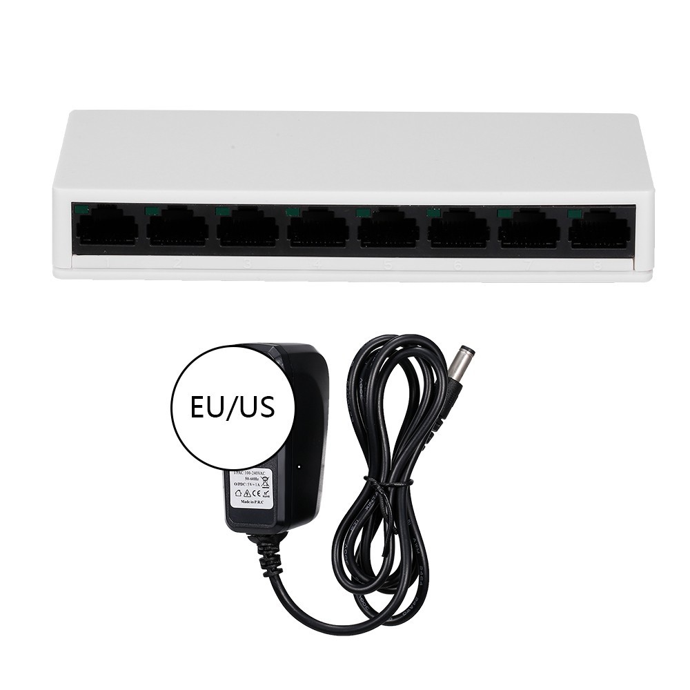SW08 8-Port Switch Gigabit 10/100Mbps Ethernet Switch Splitter Home Office US Plug