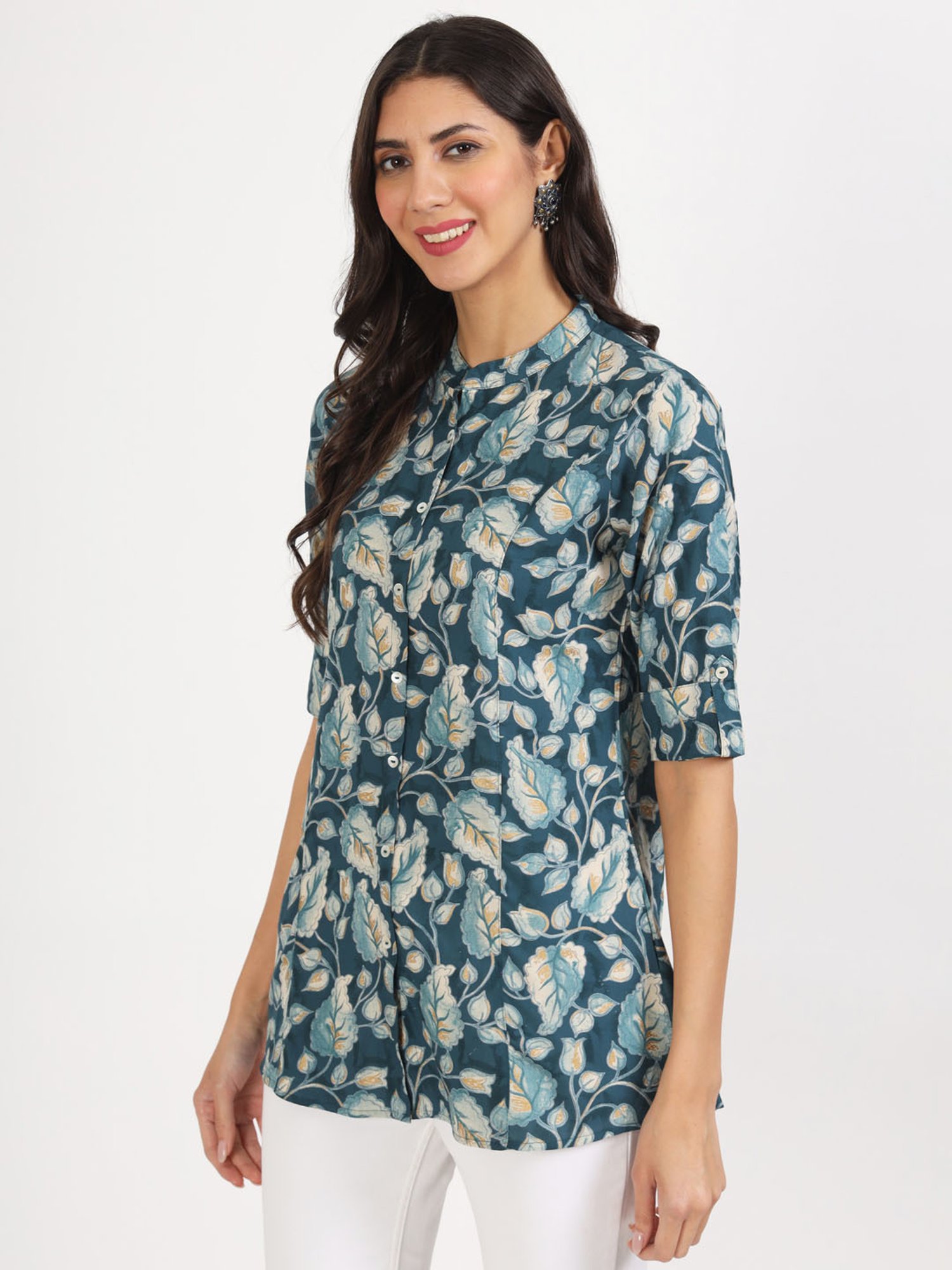 Divena Bottle Green Floral Print Tunic