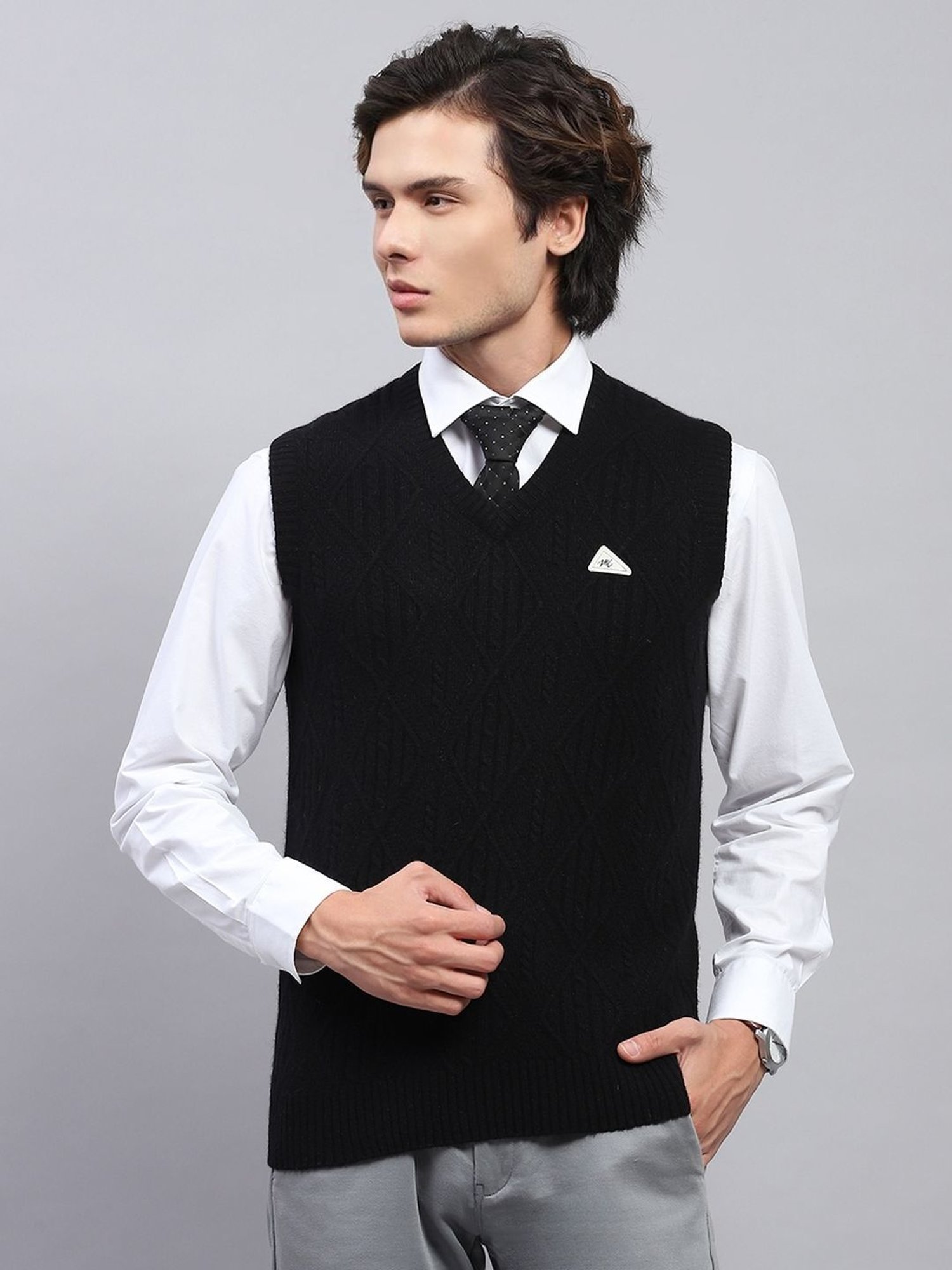 Monte Carlo Black Regular Fit Self Pattern Sweaters