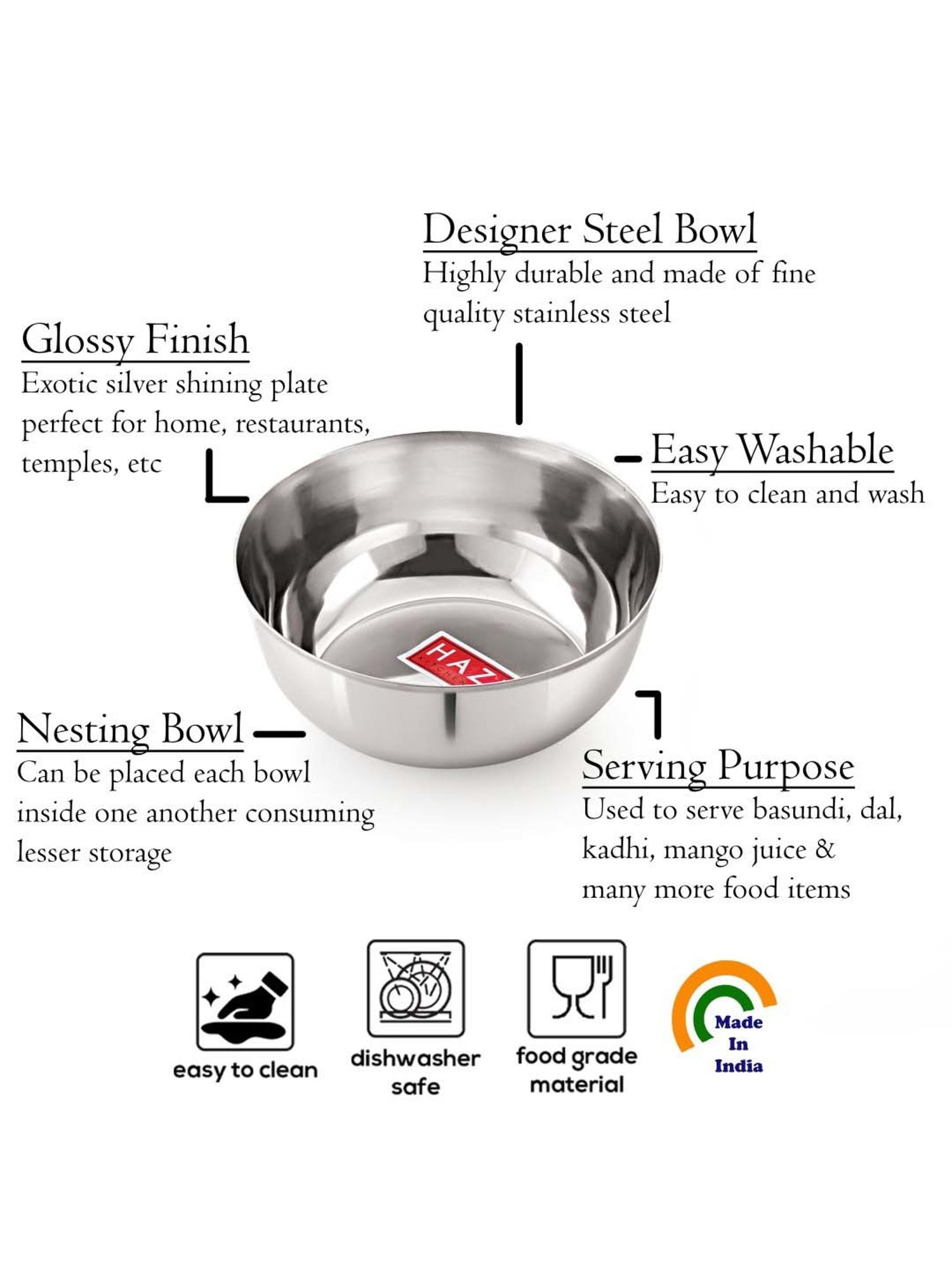 HAZEL Silver Stainless Steel Wati Mixing Bowls (1.35 L) - Set of 4