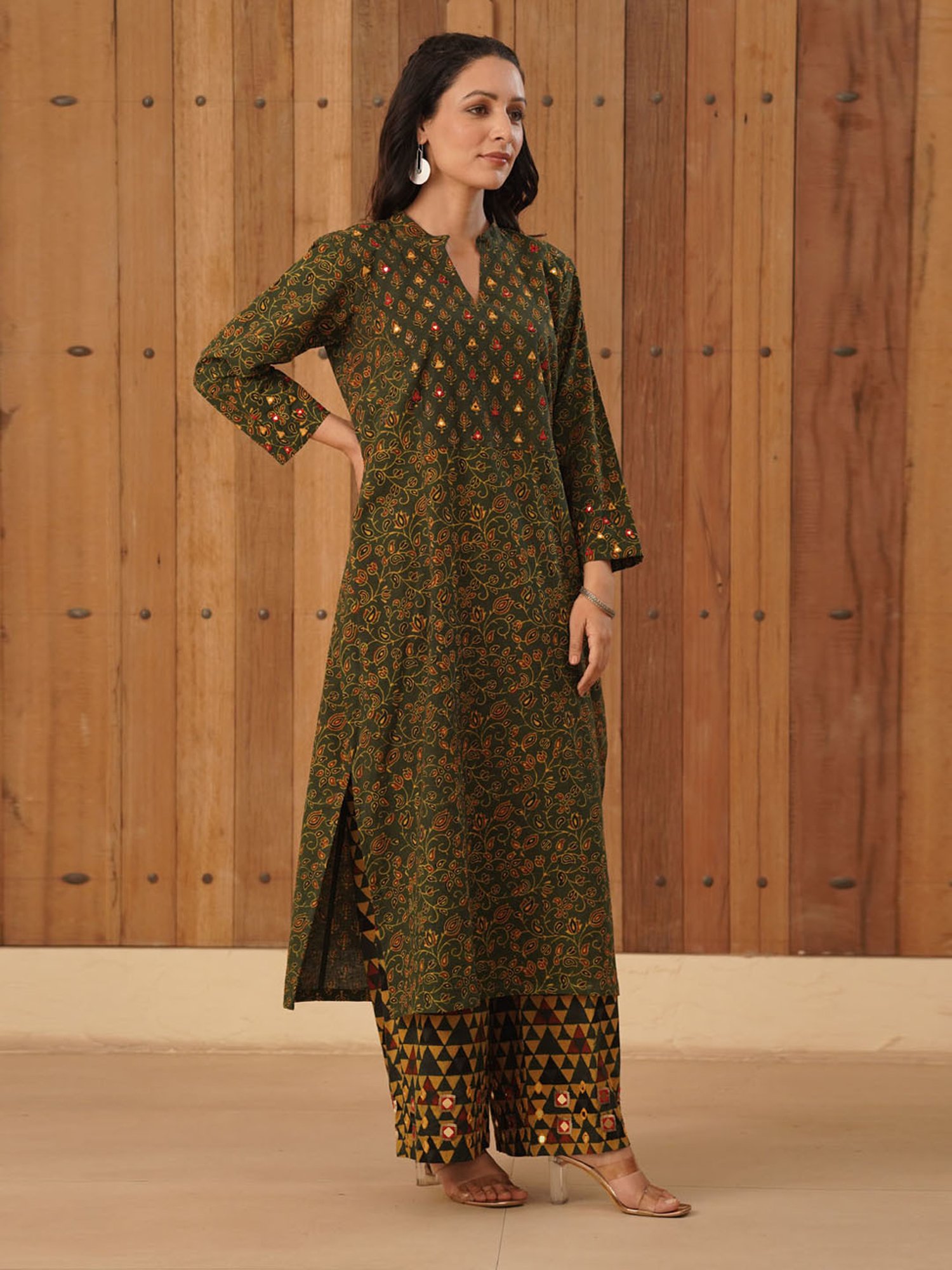 Love Chic Ajrakh Flare Kurta with side slits and 3/4th sleeves