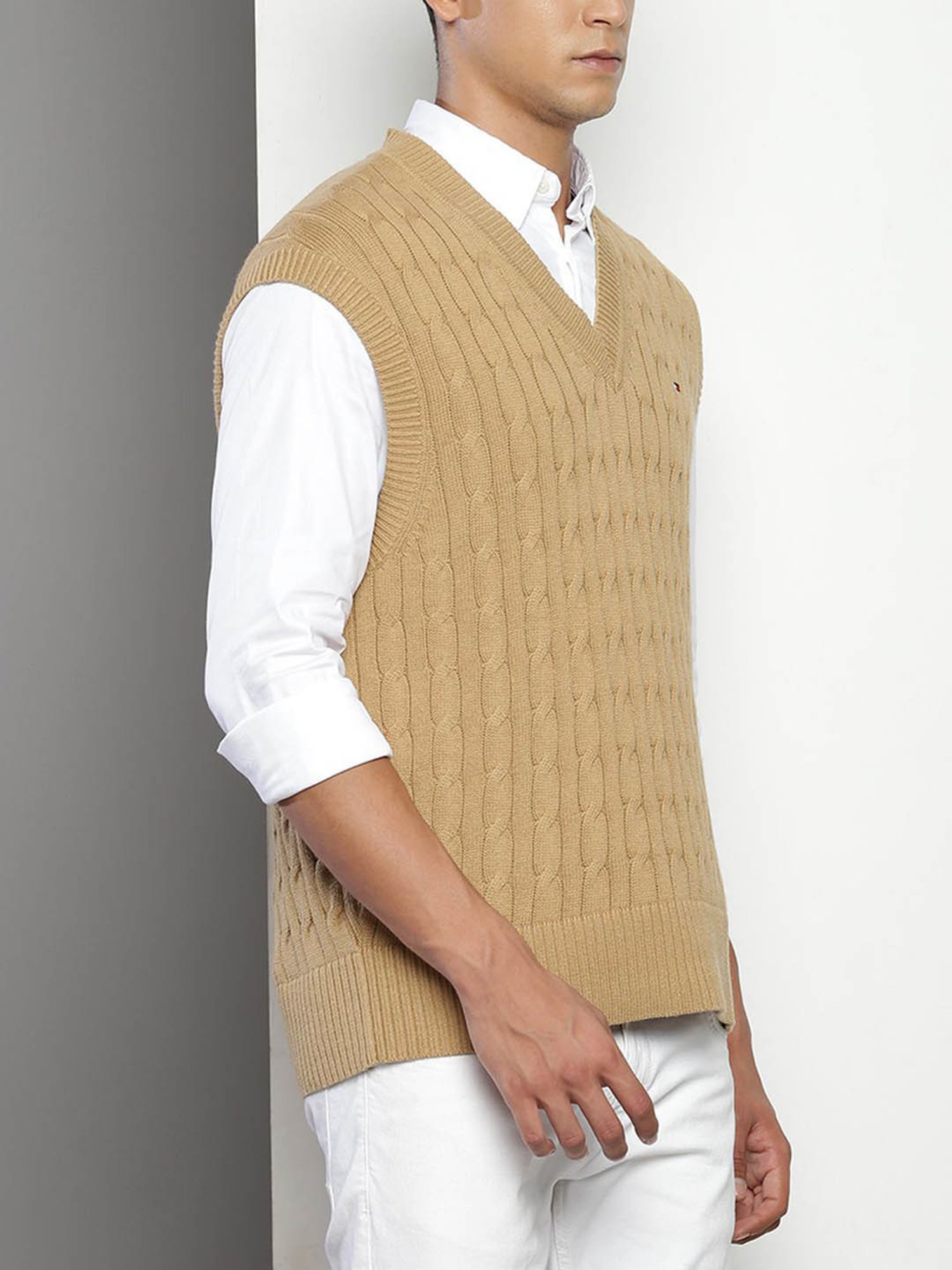 Tommy Hilfiger Khaki Cotton Relaxed Fit Self Pattern Sweater