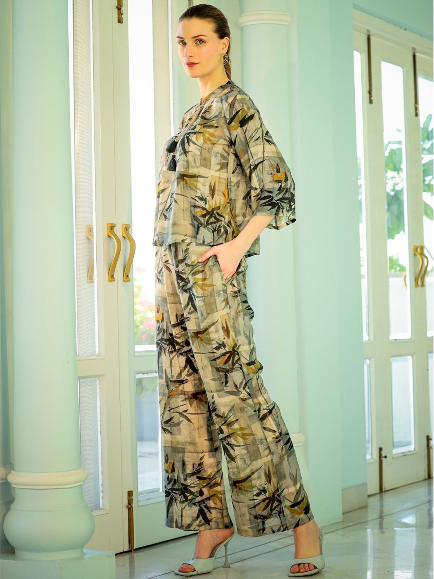 Zolo Label Green Printed Top Pant Set