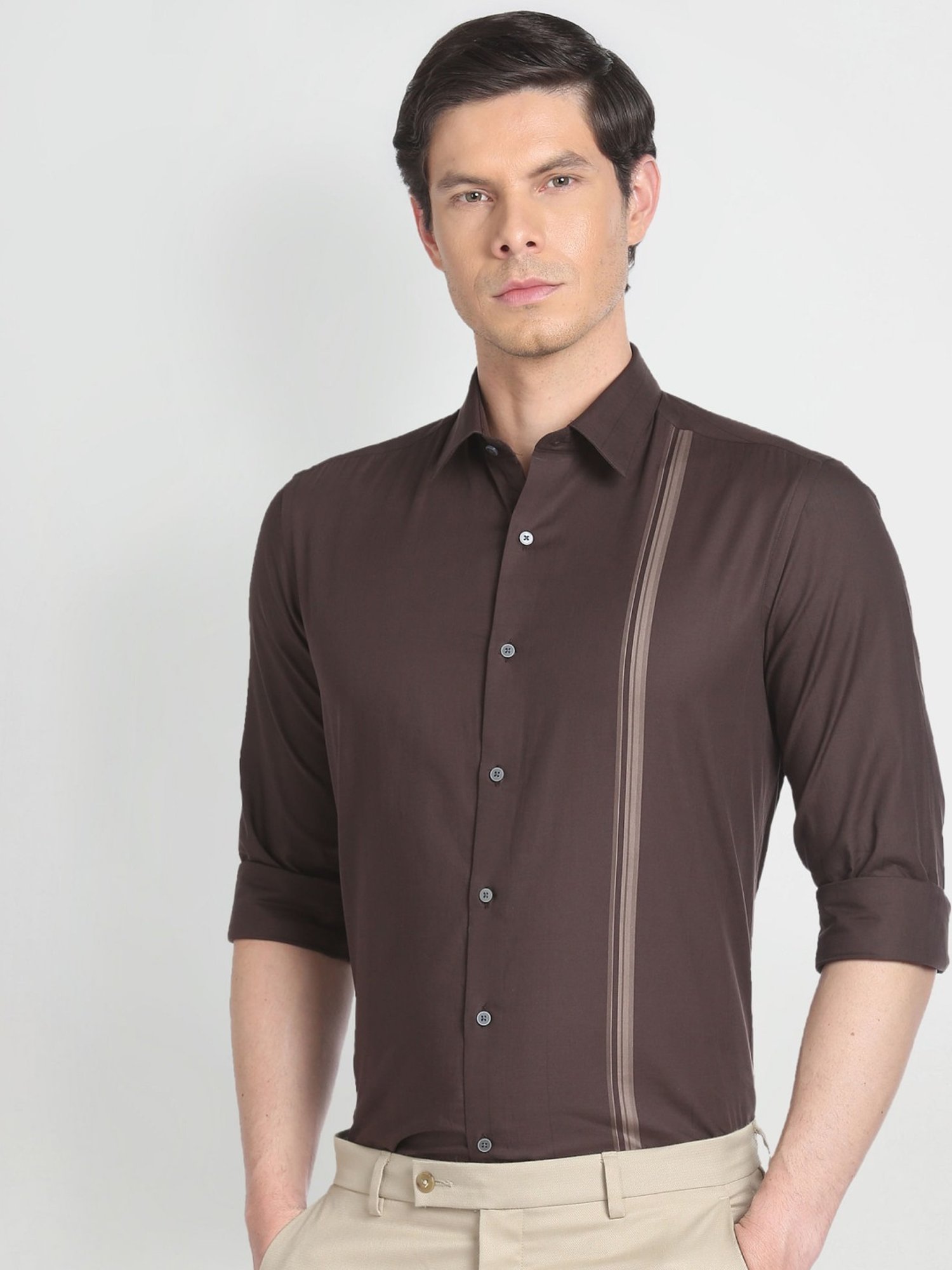 Arrow Newyork Brown Cotton Slim Fit Striped Shirt