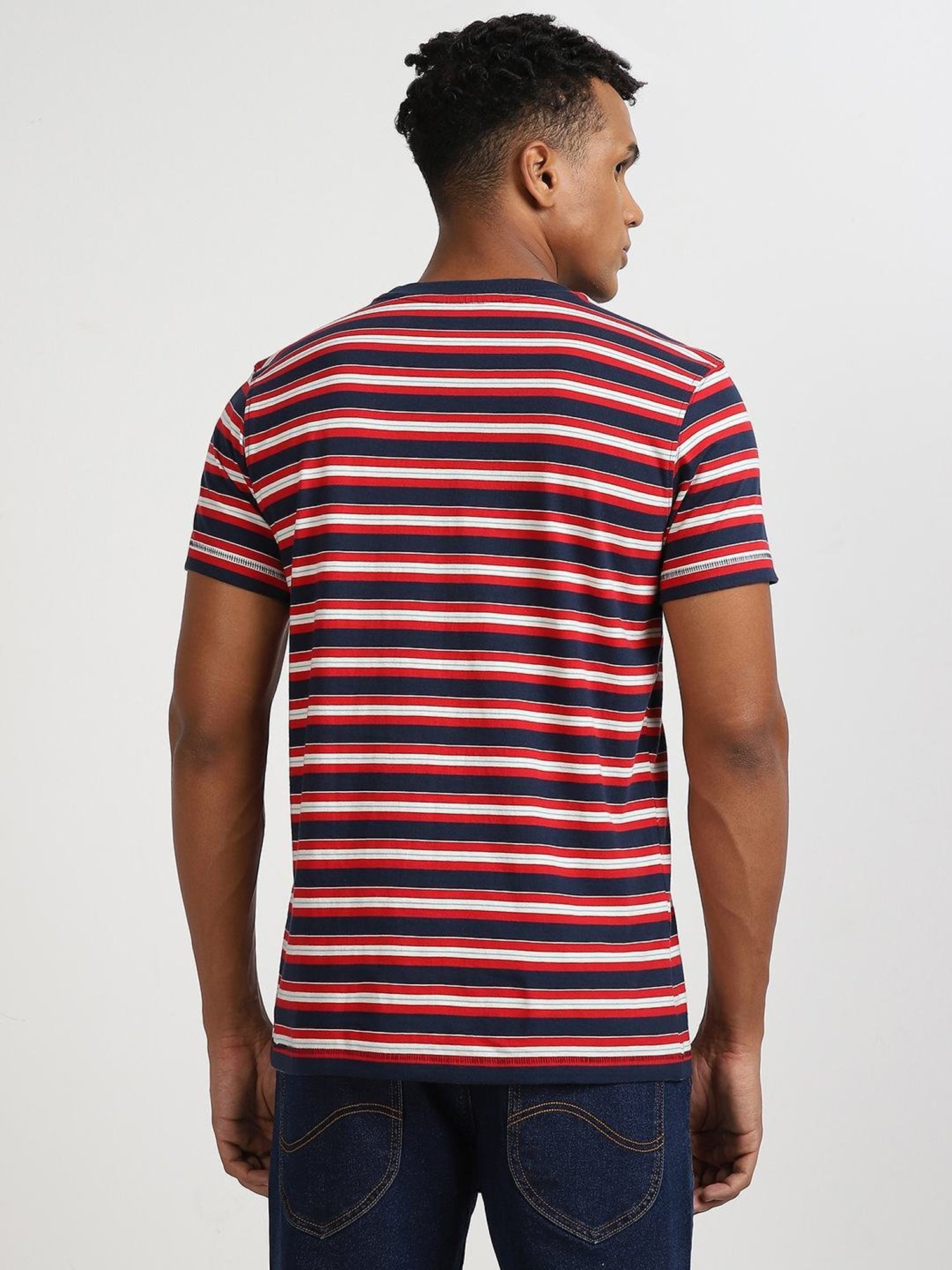 Lee Navy & Red Cotton Regular Fit Striped T-Shirt