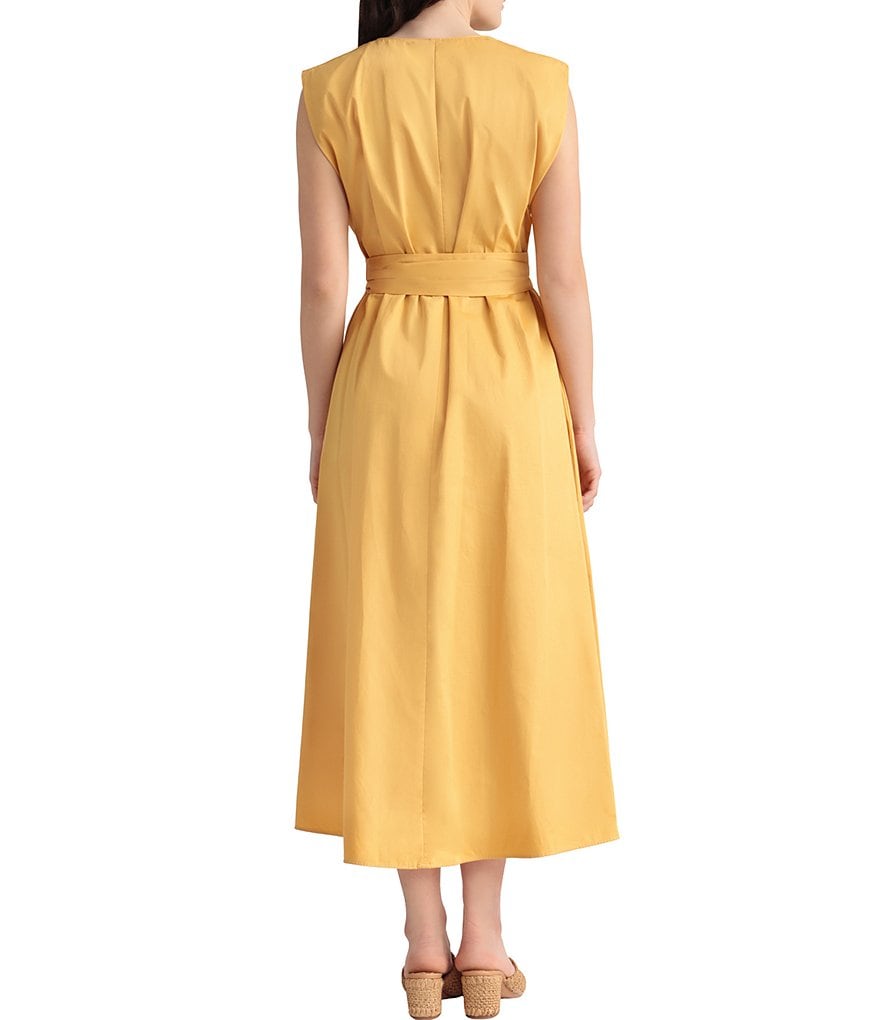 Maggy London Petite V-Neck Tie Waist Cotton Poplin Midi Dress