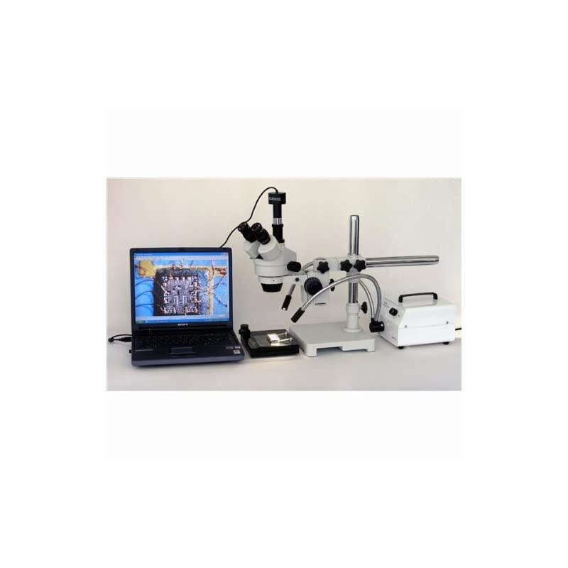 SM-3TZ Professional Trinocular Stereo Zoom Microscope, WH10x Eyepieces, 3.5X-90X Magnification, 0.7X-4.5X Zoom Objective, Ambient Lighting, Single-Arm Boom Stand, Includes 0.5X and 2.0X Barlow Lenses